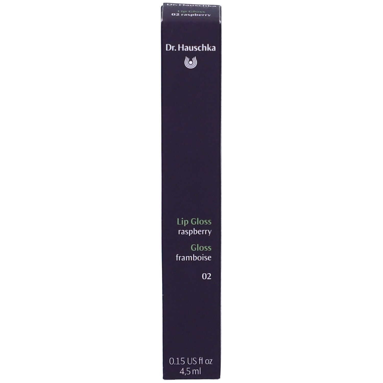 Confezione di lucidalabbra. Scritta: Dr. Hauschka, Lip Gloss, 02, lampone. Colore: viola scuro.