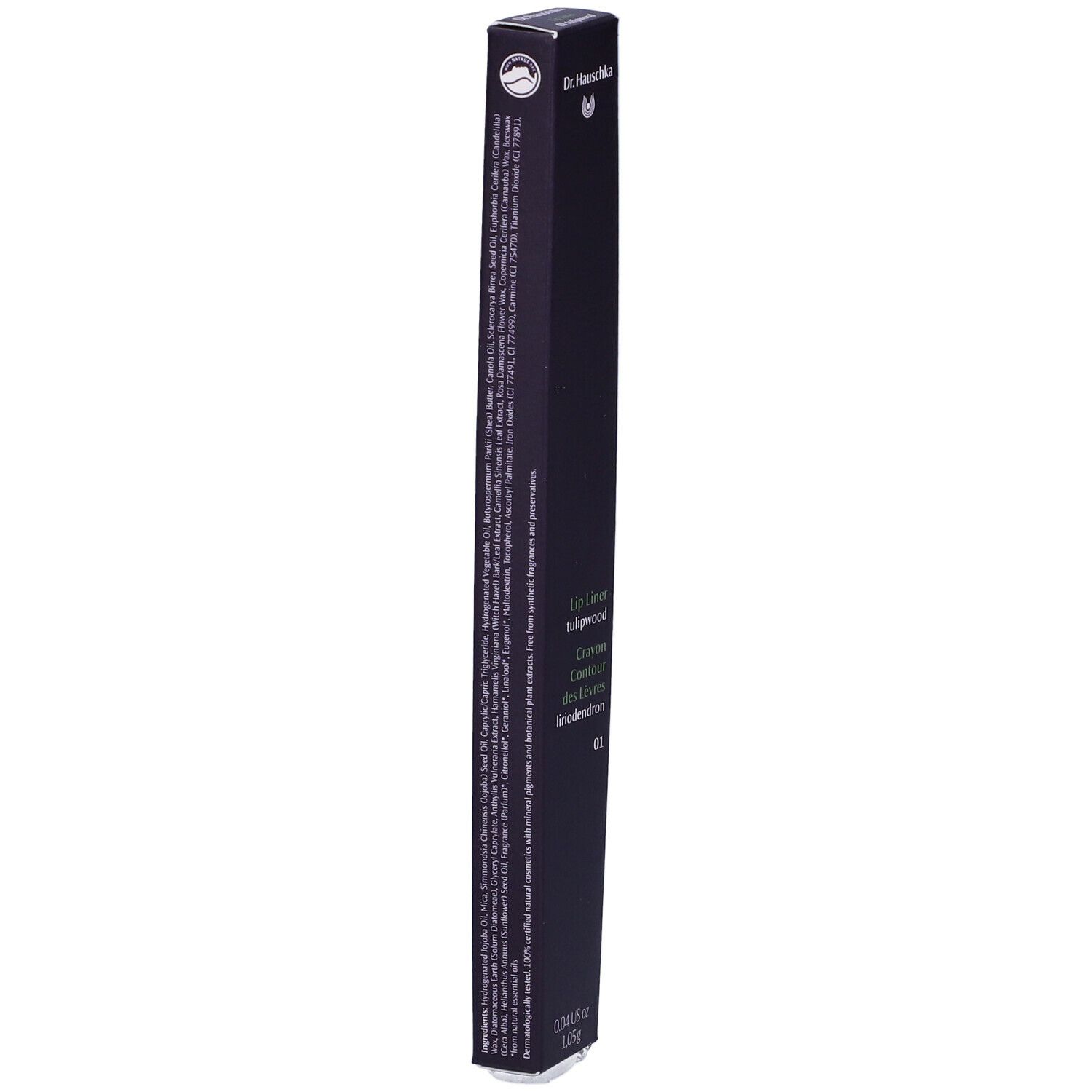 Confezione nera con testo. Logo Dr. Hauschka. Lip Liner tulpenwood. Ingredienti, informazioni produttore, codice a barre.