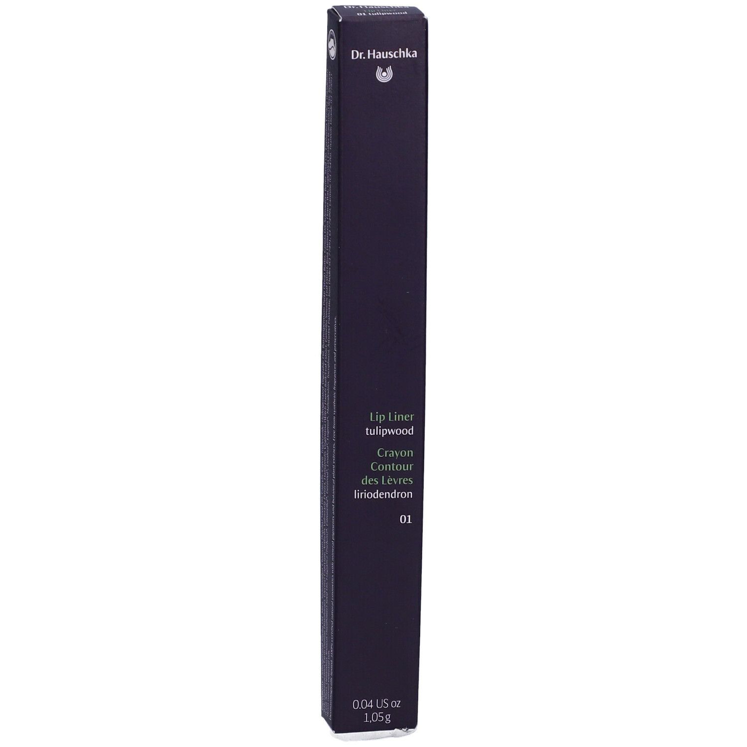 Confezione nera con informazioni prodotto. Logo Dr. Hauschka. Lip Liner, colore 01. 0.04 US oz / 1.05g.