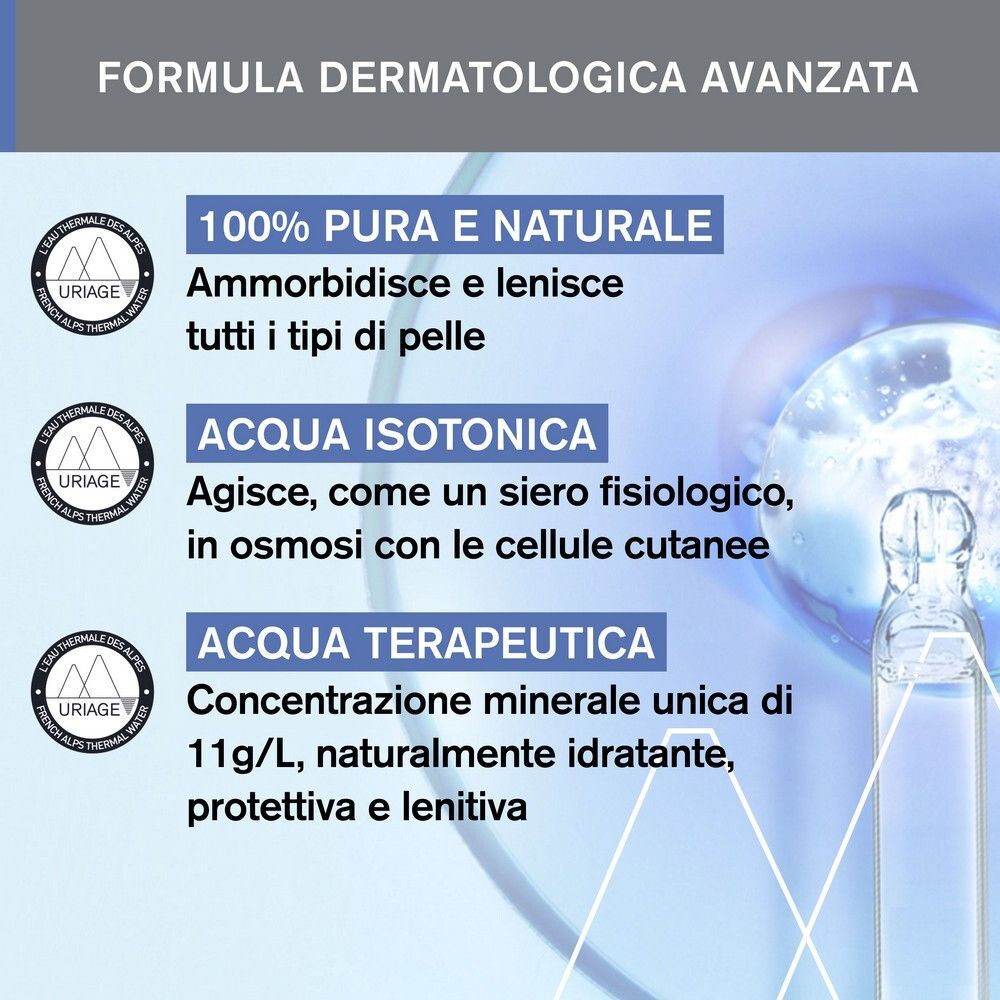 Infografik. Text: 100% pur und natürlich, macht weich und beruhigt. Isotonisches Wasser. Therapeutisches Wasser.