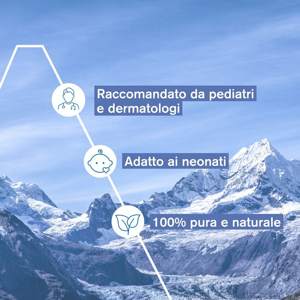 Infografik. Text: Empfohlen von Pädiatern und Dermatologen. Geeignet für Neugeborene. 100% pur und natürlich.