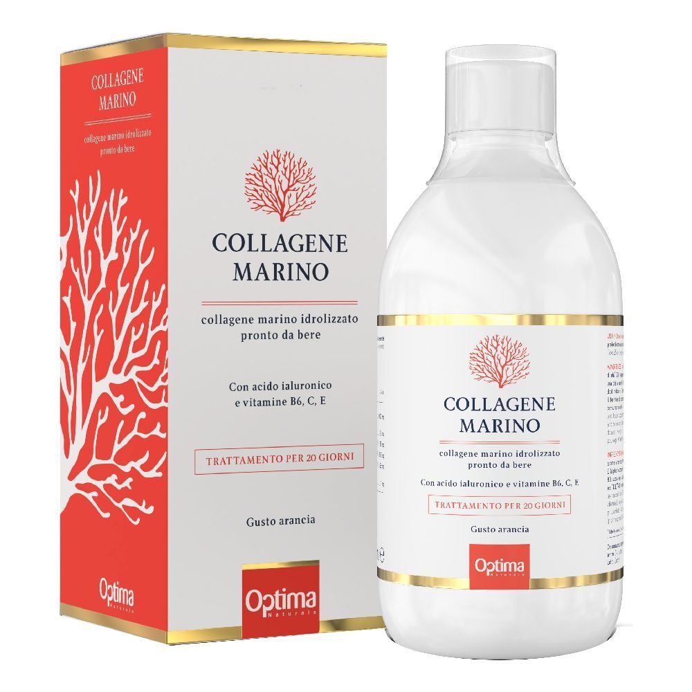 Optima Collagene Marino. Flasche und Verpackung. Hauptmerkmale: Kollagen, Hyaluronsäure, Vitamine. Geschmack: Orange.