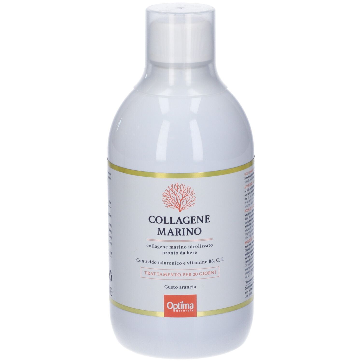 Weiße Flasche mit Etikett. Aufschrift: Collagene Marino. Mit Hyaluronsäure und Vitaminen. Marke Optima Naturals.
