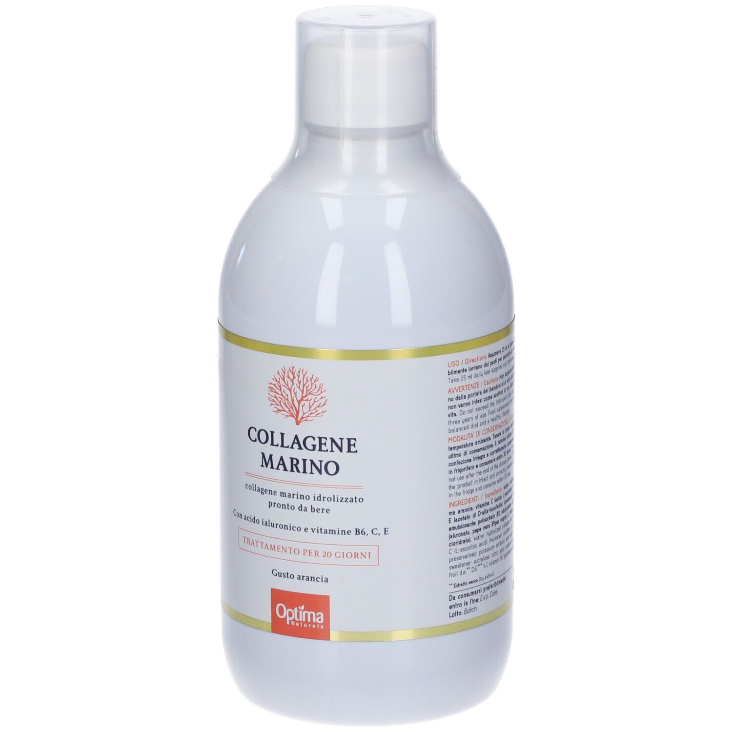 Weiße Flasche mit Etikett. Aufschrift: Collagene Marino. Mit Hyaluronsäure und Vitaminen. Marke Optima Naturals.