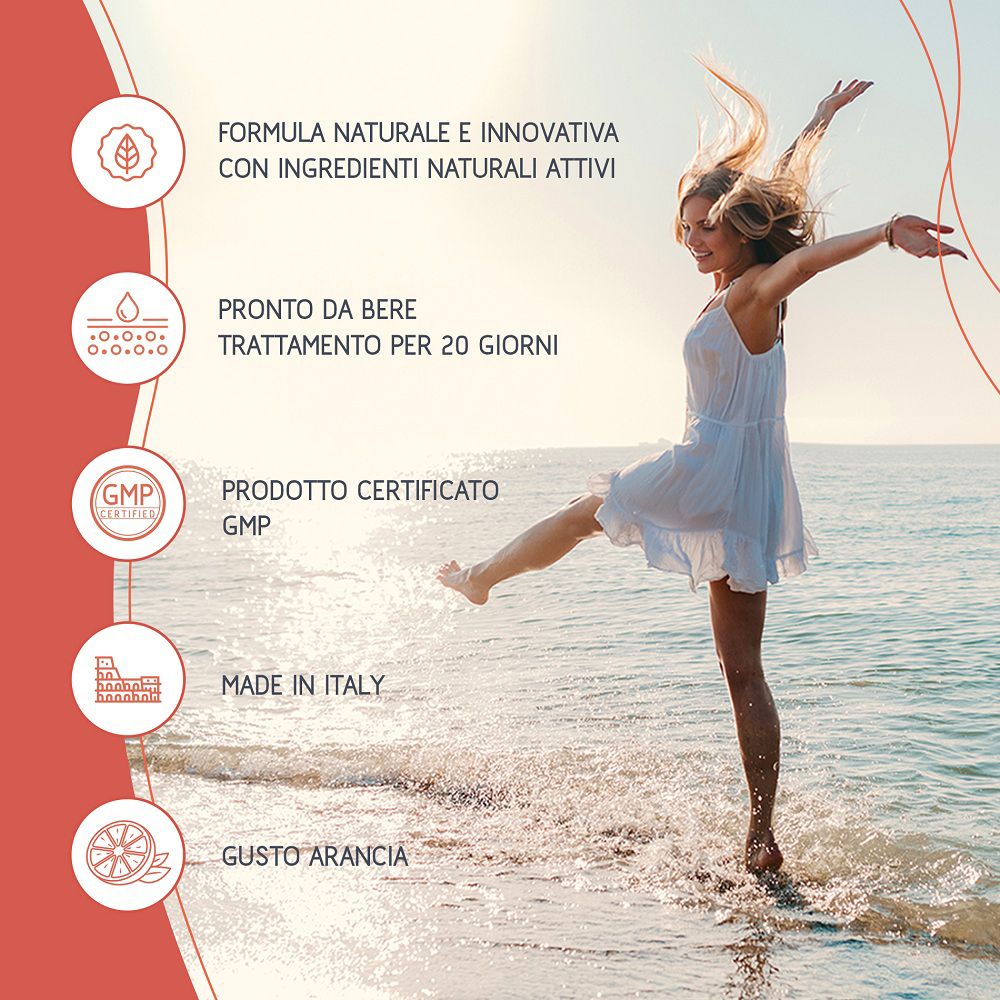 Frau am Meer, neben Symbolen für natürliche Formel, trinkfertig, GMP-zertifiziert, Made in Italy, Orangengeschmack.