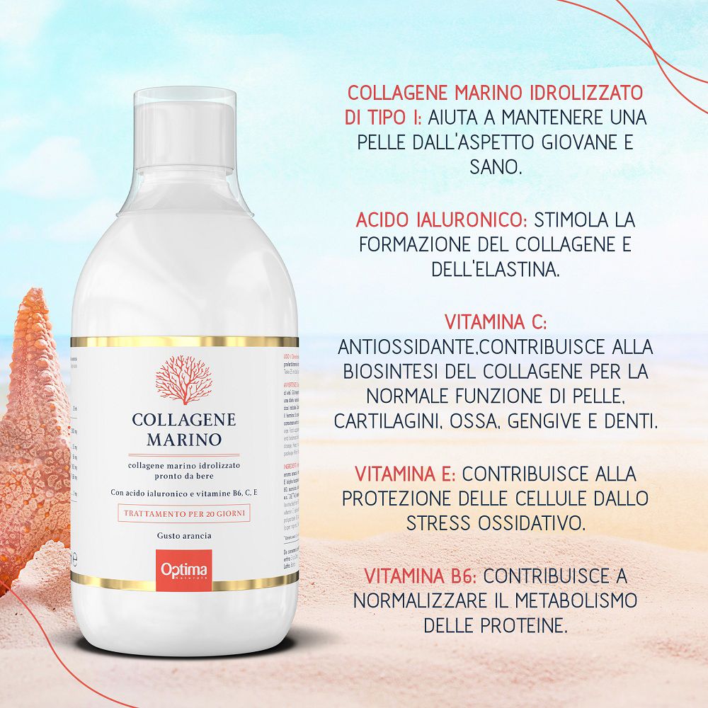 Flasche mit Meereskollagen, Hyaluronsäure und Vitaminen. Text über Vorteile für Haut und Gelenke.