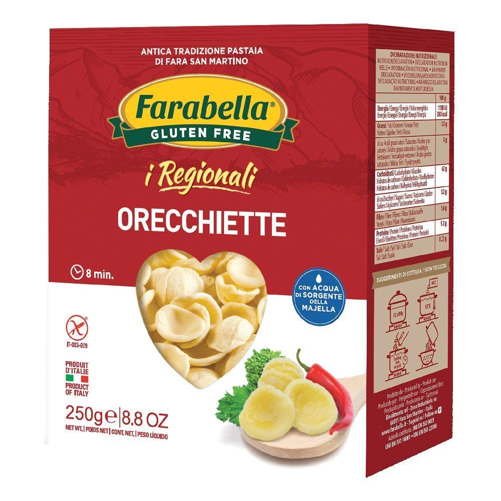 Scatola rossa Farabella Gluten Free i Regionali Orecchiette. Finestra a forma di cuore con pasta. 250g, 8.8 OZ.