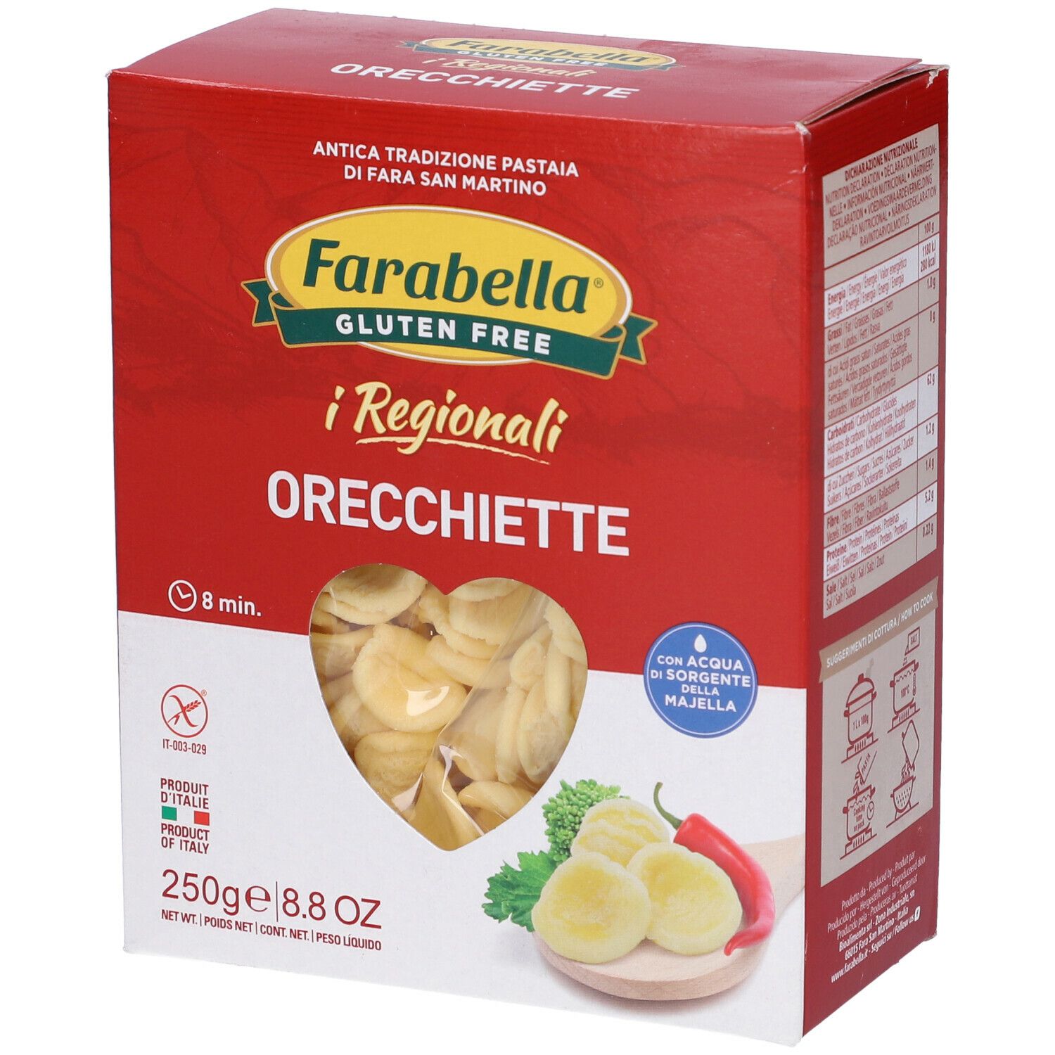 Scatola rossa Farabella Gluten Free i Regionali Orecchiette. Finestra a forma di cuore con pasta. 250g, 8.8 OZ.
