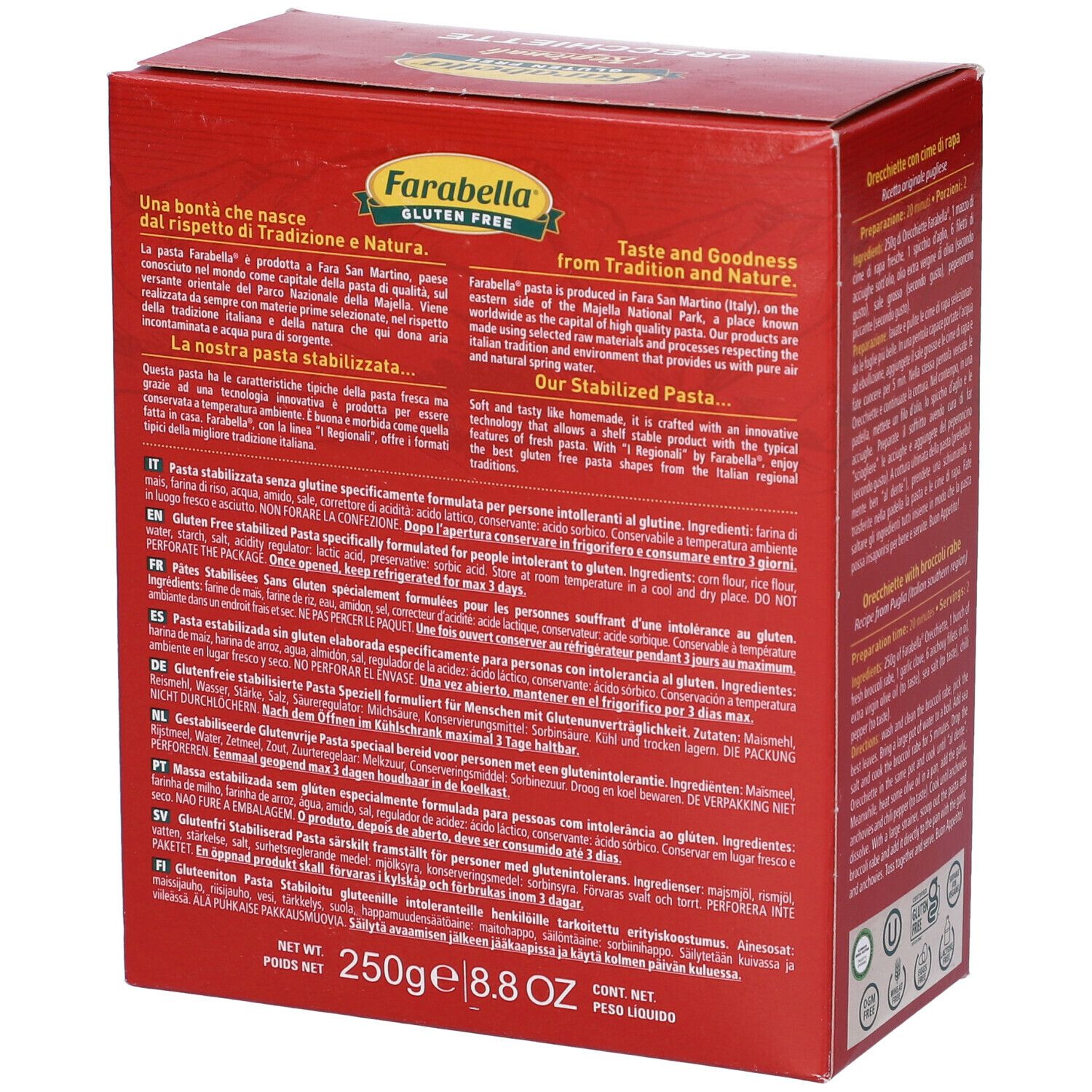 Scatola rossa Farabella Gluten Free i Regionali Orecchiette. Retro con testo. 250g, 8.8 OZ.