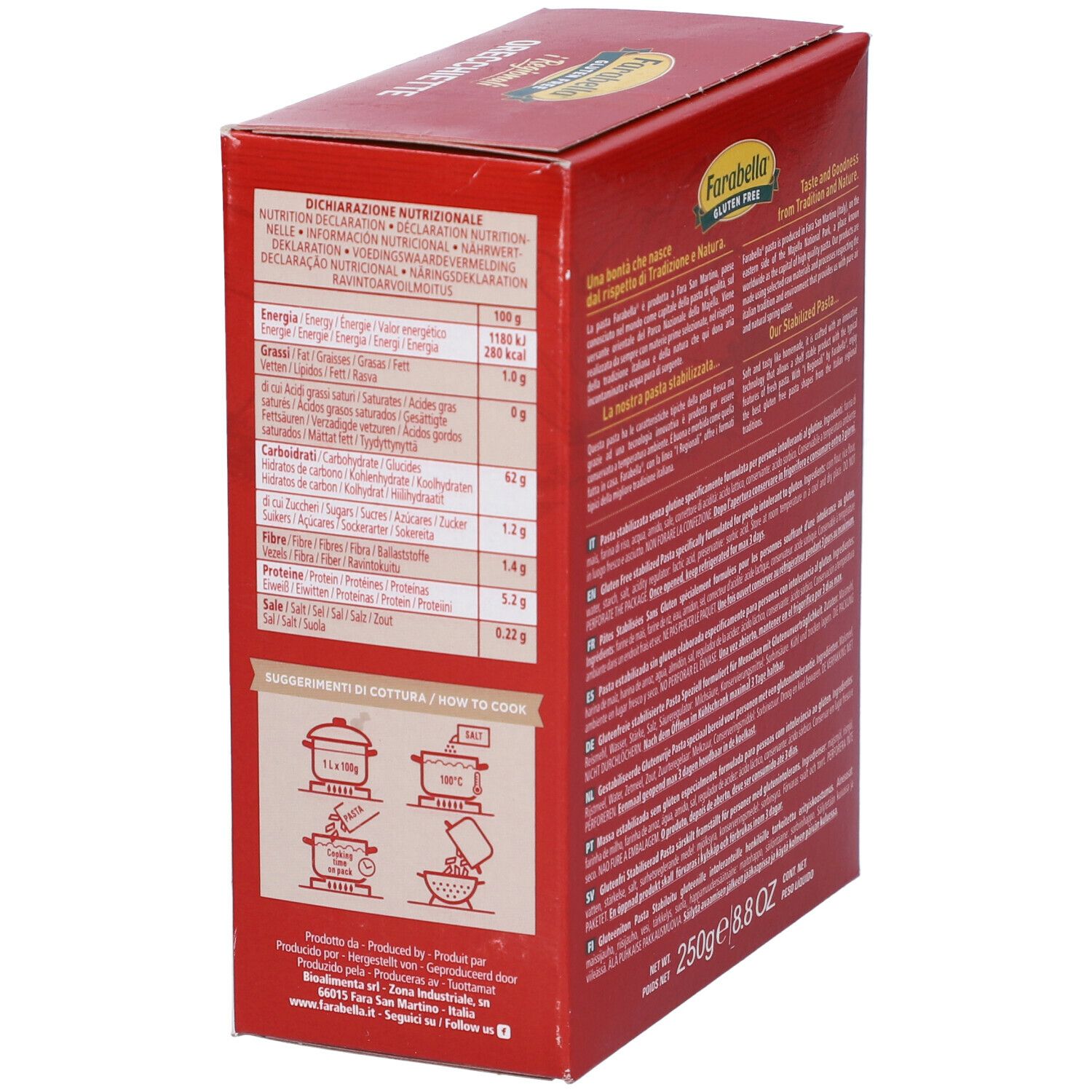 Scatola rossa Farabella Gluten Free i Regionali Orecchiette. Lato con informazioni nutrizionali e consigli di cottura. 250g, 8.8 OZ.
