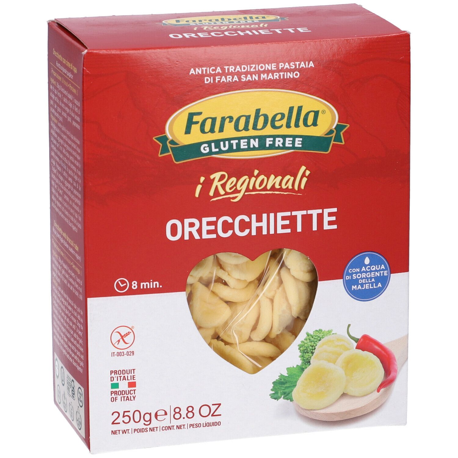 Scatola rossa Farabella Gluten Free i Regionali Orecchiette. Finestra a forma di cuore con pasta. 250g, 8.8 OZ.