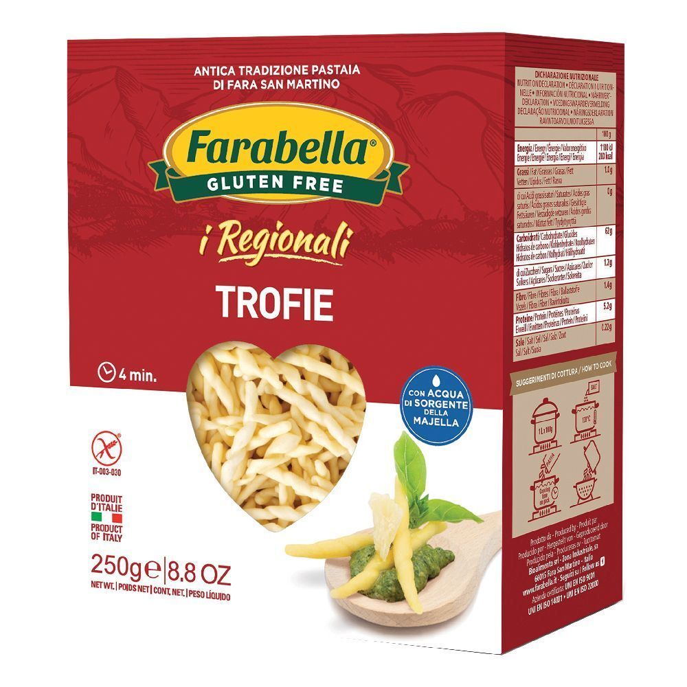 Farabella I Regionali Trofie Senza Glutine, 250g Packung mit Herz-Fenster, zeigt glutenfreie Pasta.