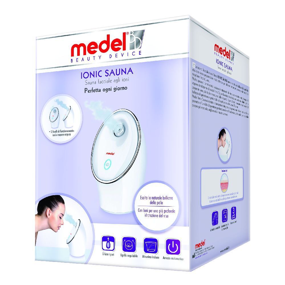 Confezione di Medel Beauty Ionic Sauna Facc. Dispositivo bianco con vapore, illustrazioni e testo. Marchio Medel.