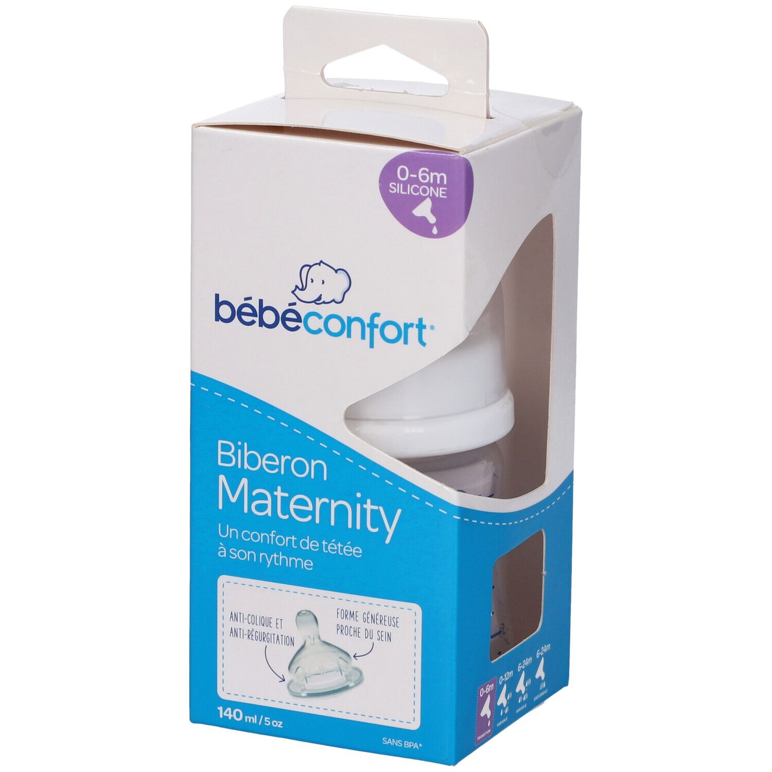 Confezione biberon Bébé Confort Maternity. 0-6m silicone. Biberon visibile. Scritta: Biberon Maternity.