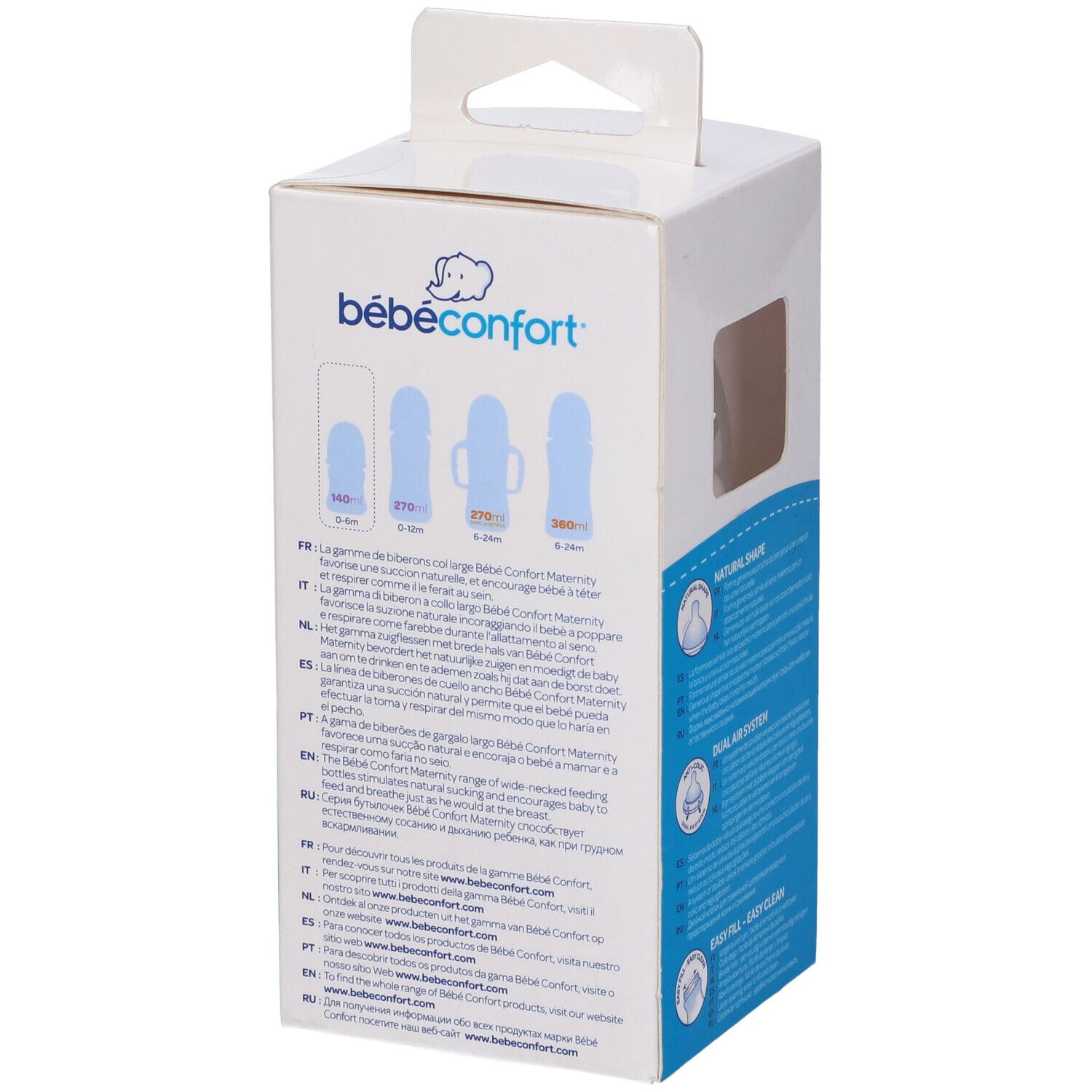Lato confezione biberon Bébé Confort Maternity. Informazioni multilingue. Scritta: Biberon Maternity.