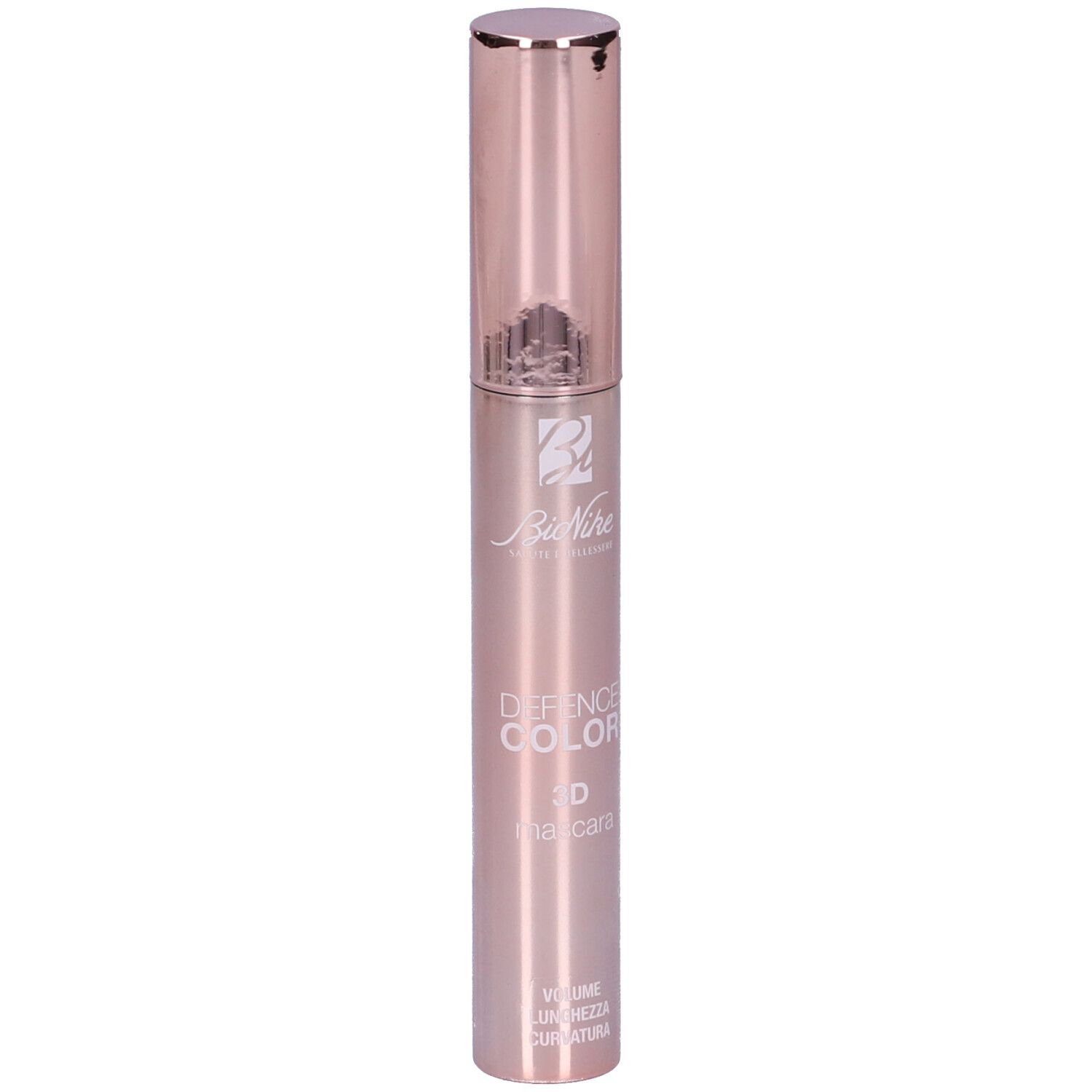 Tubo di mascara rosa con tappo argentato. Testo: Defence Color 3D Mascara. Marchio: BioNike.