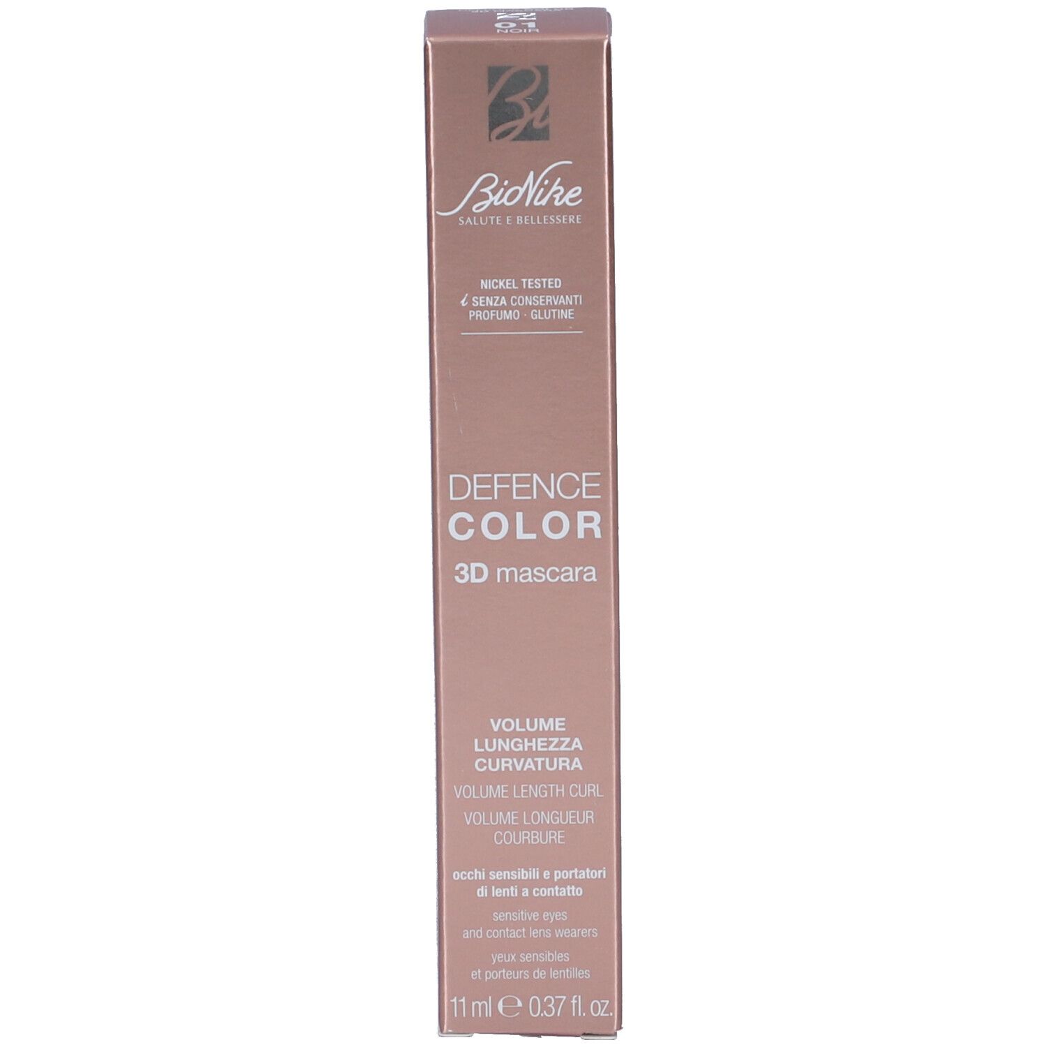 Confezione mascara. Testo: Defence Color 3D Mascara. Marchio: BioNike. Informazioni e ingredienti.