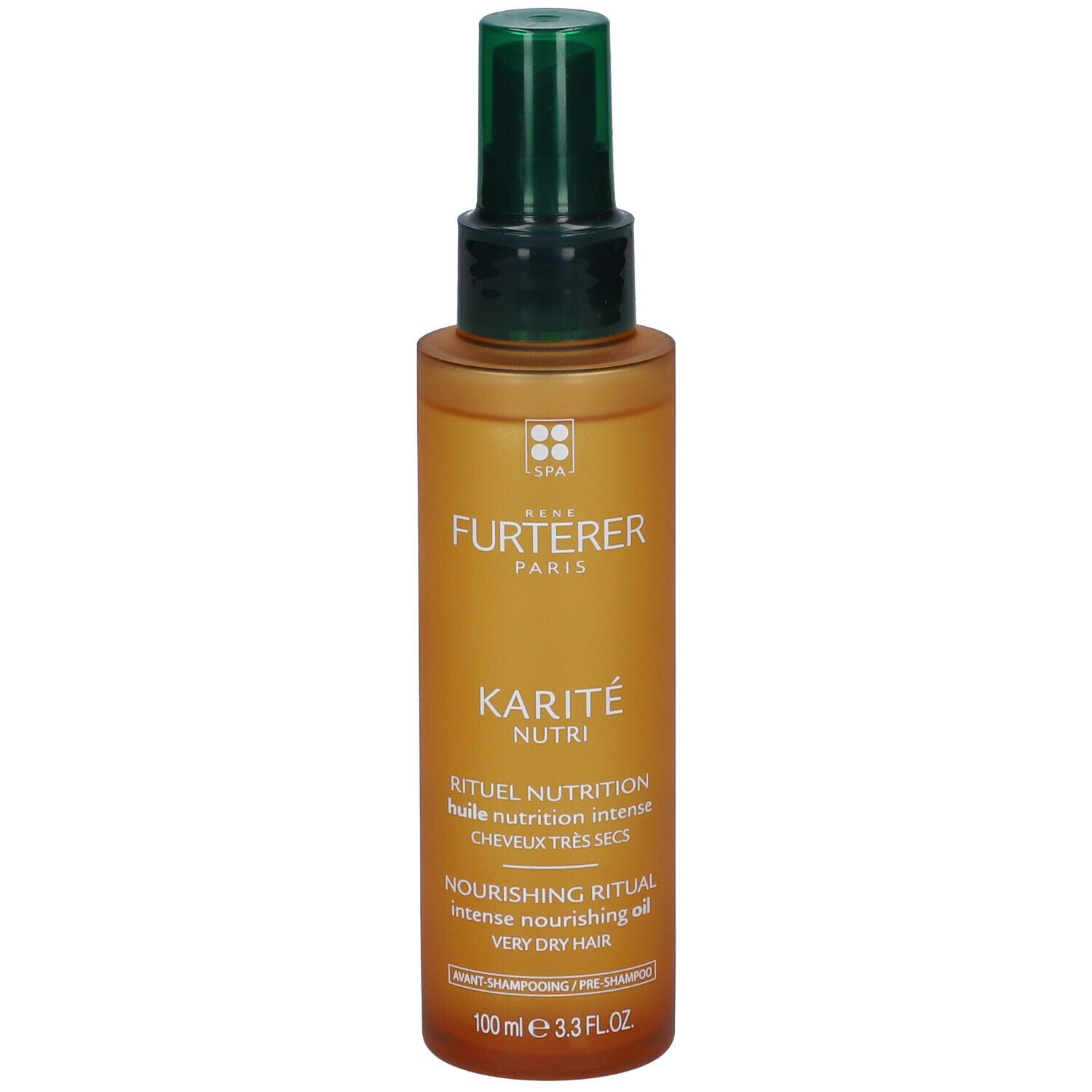 Flacone di olio per capelli con erogatore verde. Scritta: KARITÉ NUTRI, Ritual Nutrition, per capelli molto secchi. 100 ml.