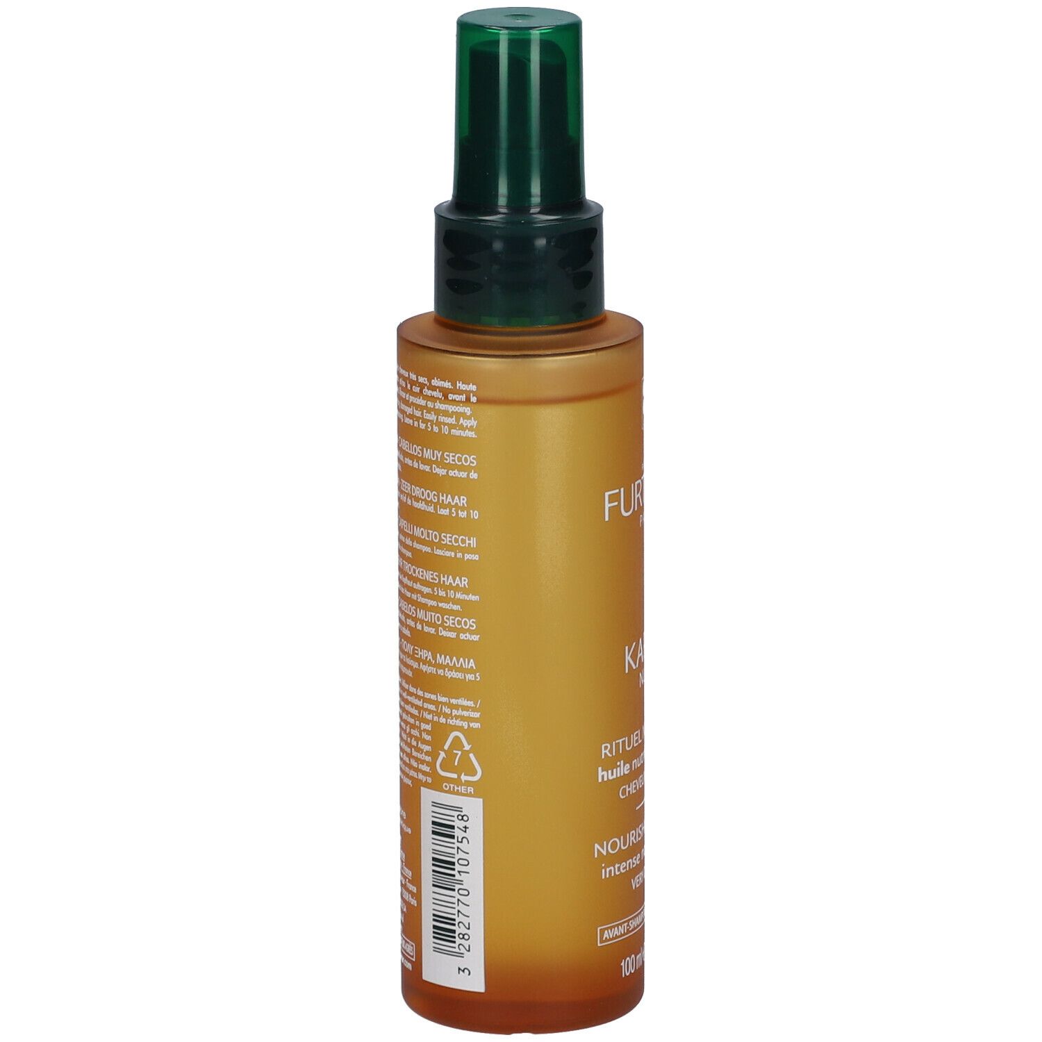 Flacone di olio per capelli con erogatore verde. Retro con testo e simbolo di riciclaggio. 100 ml.
