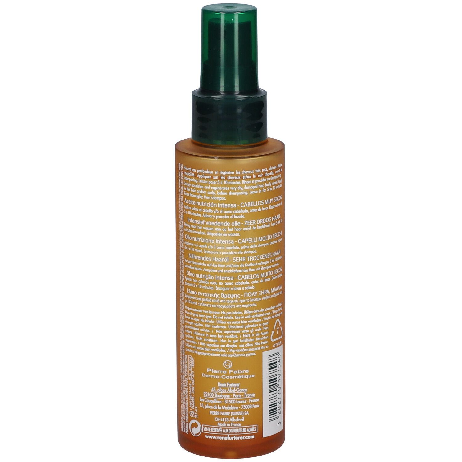 Flacone di olio per capelli con erogatore verde. Retro con testo e simbolo di riciclaggio. 100 ml.