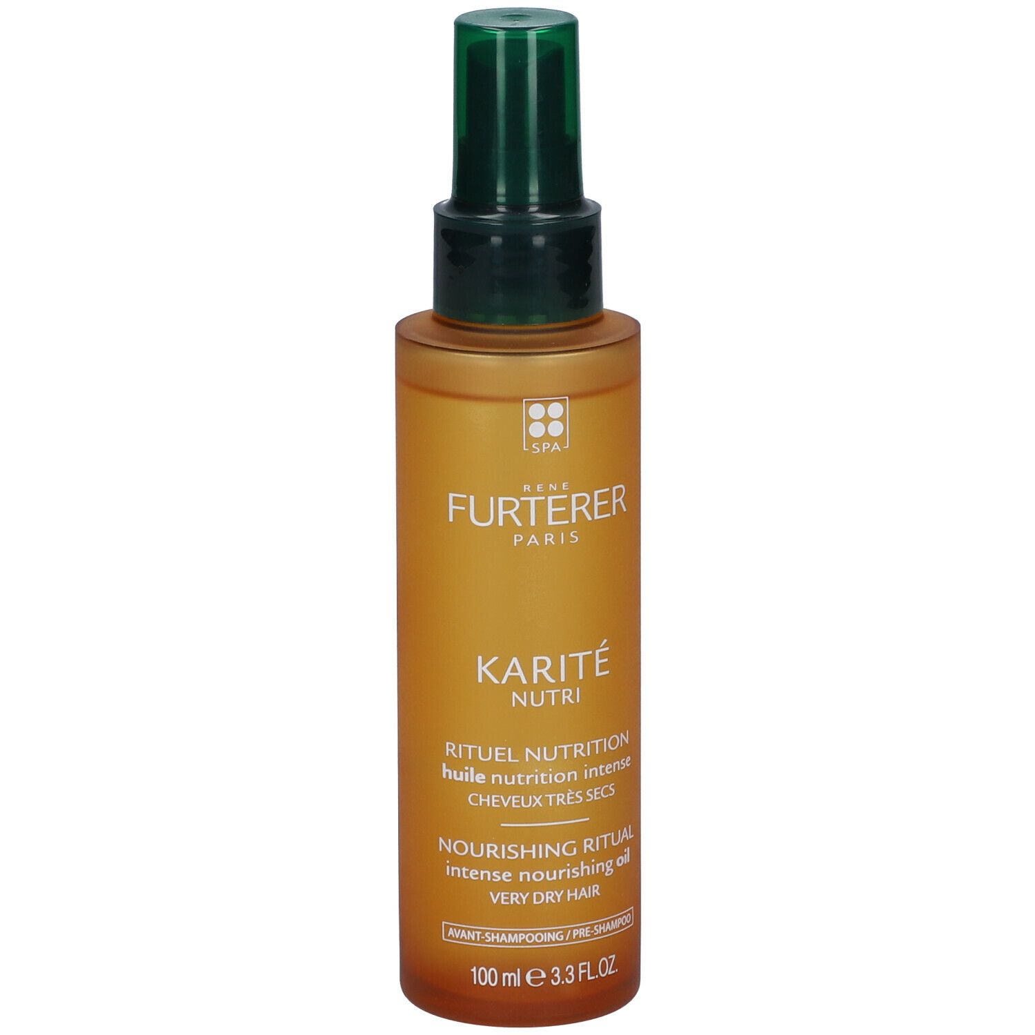 Flacone di olio per capelli con erogatore verde. Scritta: KARITÉ NUTRI, Ritual Nutrition, per capelli molto secchi. 100 ml.