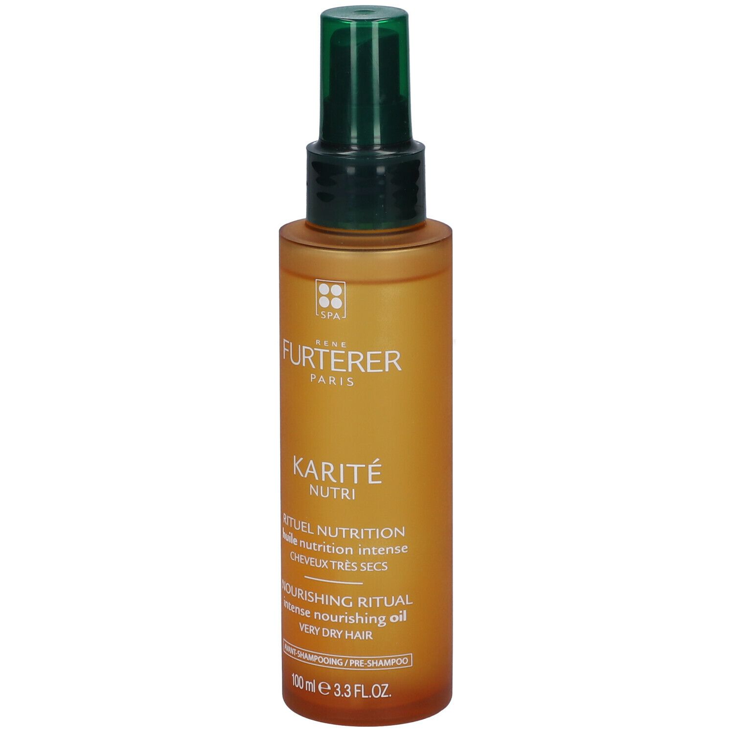 Flacone di olio per capelli con erogatore verde. Scritta: KARITÉ NUTRI, Ritual Nutrition, per capelli molto secchi. 100 ml.