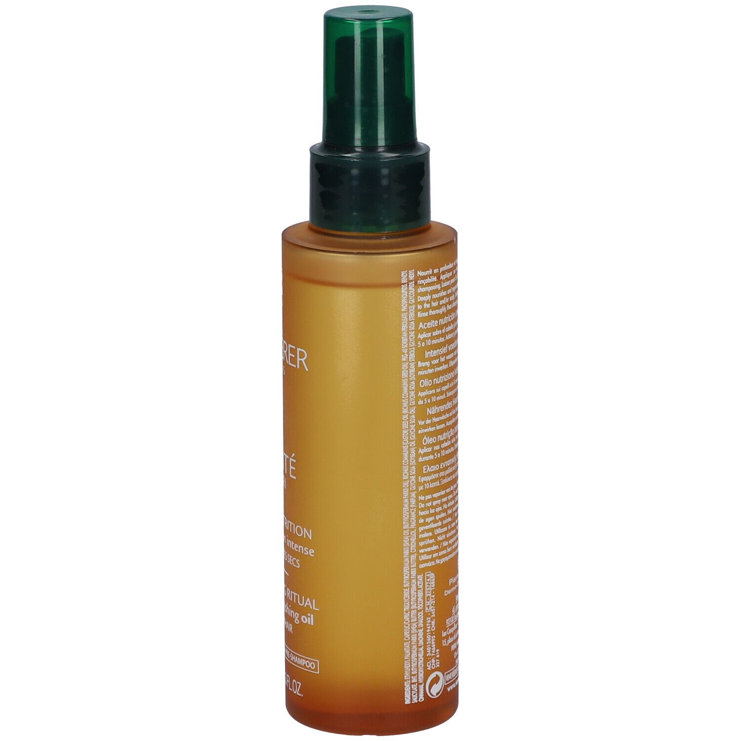 Flacone di olio per capelli con erogatore verde. Retro con testo. 100 ml.