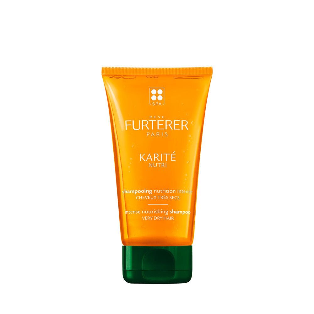 Tubo giallo e verde. Scritto: René Furterer, Karité Nutri. Shampoo per capelli molto secchi.