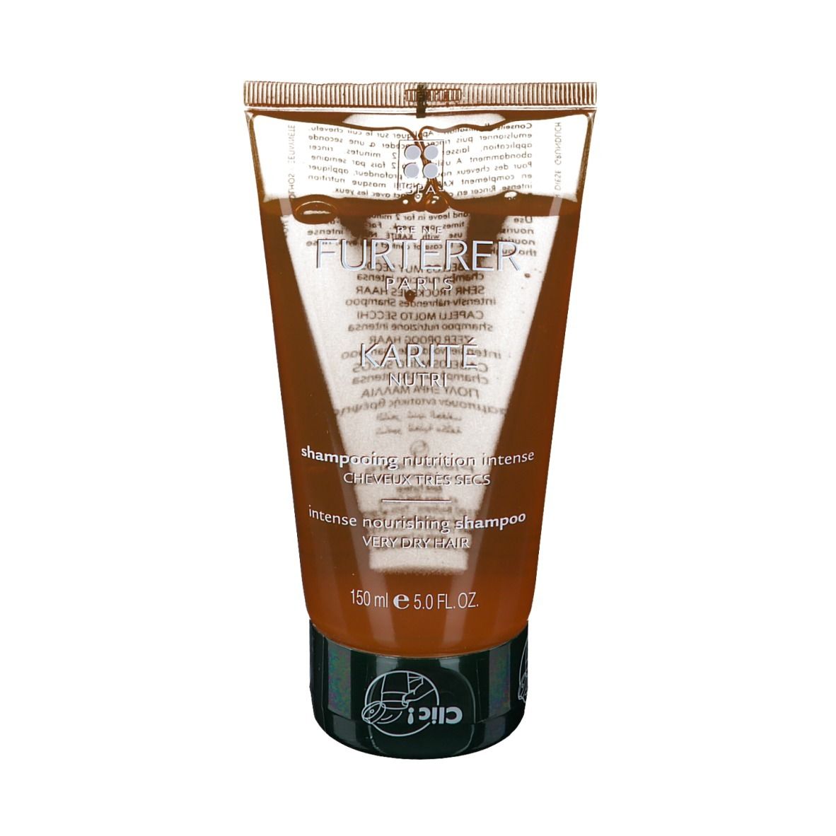 Tubo trasparente con liquido marrone. Scritto: René Furterer, Karité Nutri. Shampoo per capelli molto secchi.