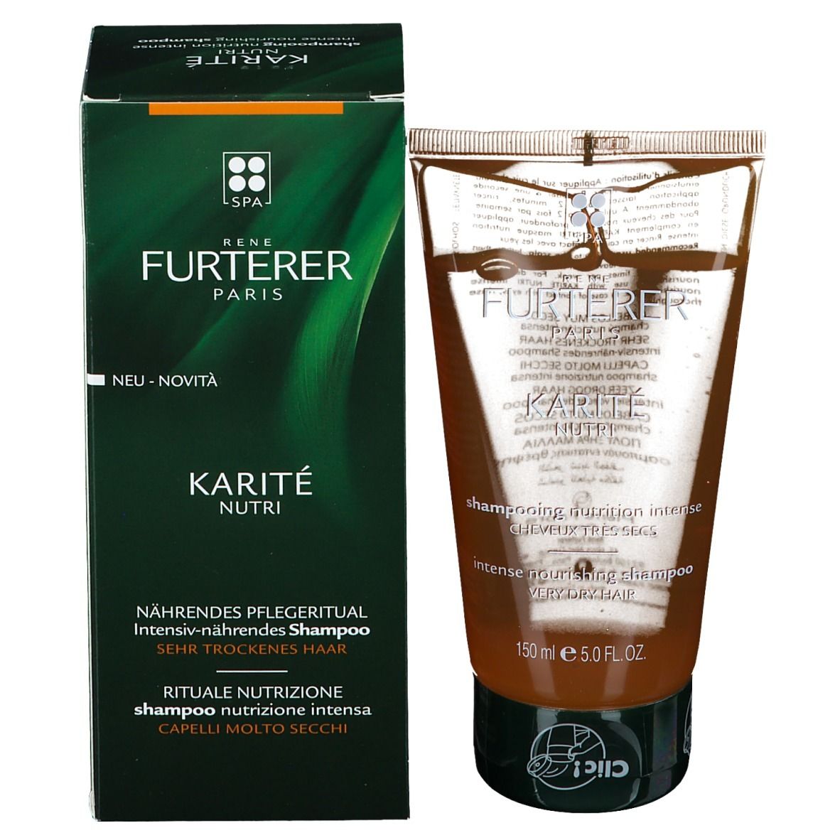 Confezione del prodotto: tubo e scatola. Scritto: René Furterer, Karité Nutri. Shampoo per capelli molto secchi.