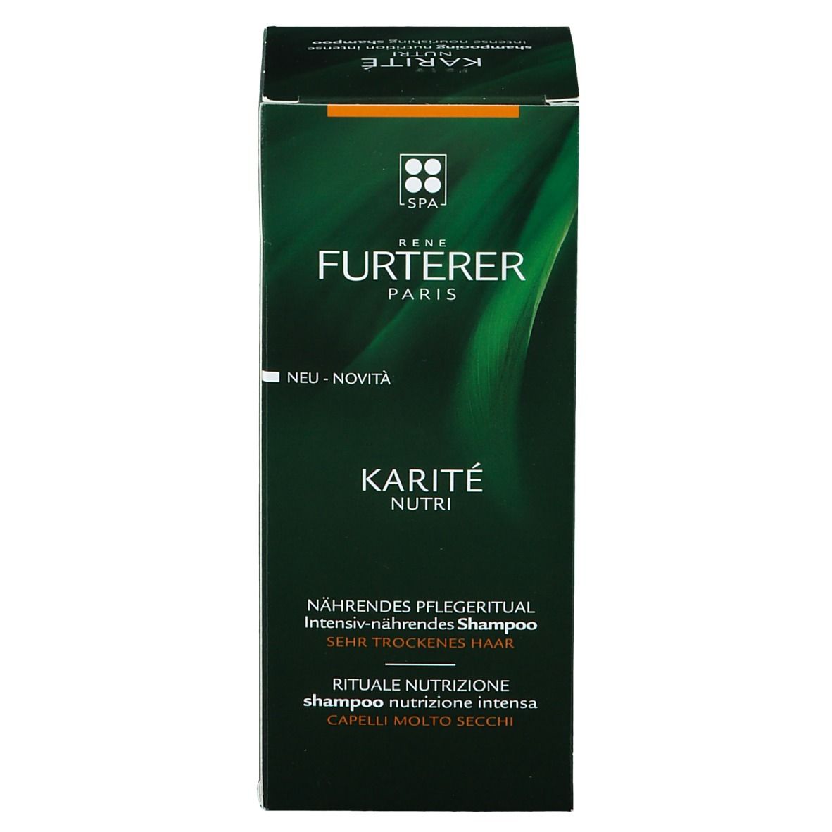 Scatola verde con scritto: René Furterer, Karité Nutri. Shampoo per capelli molto secchi. Nuovo.