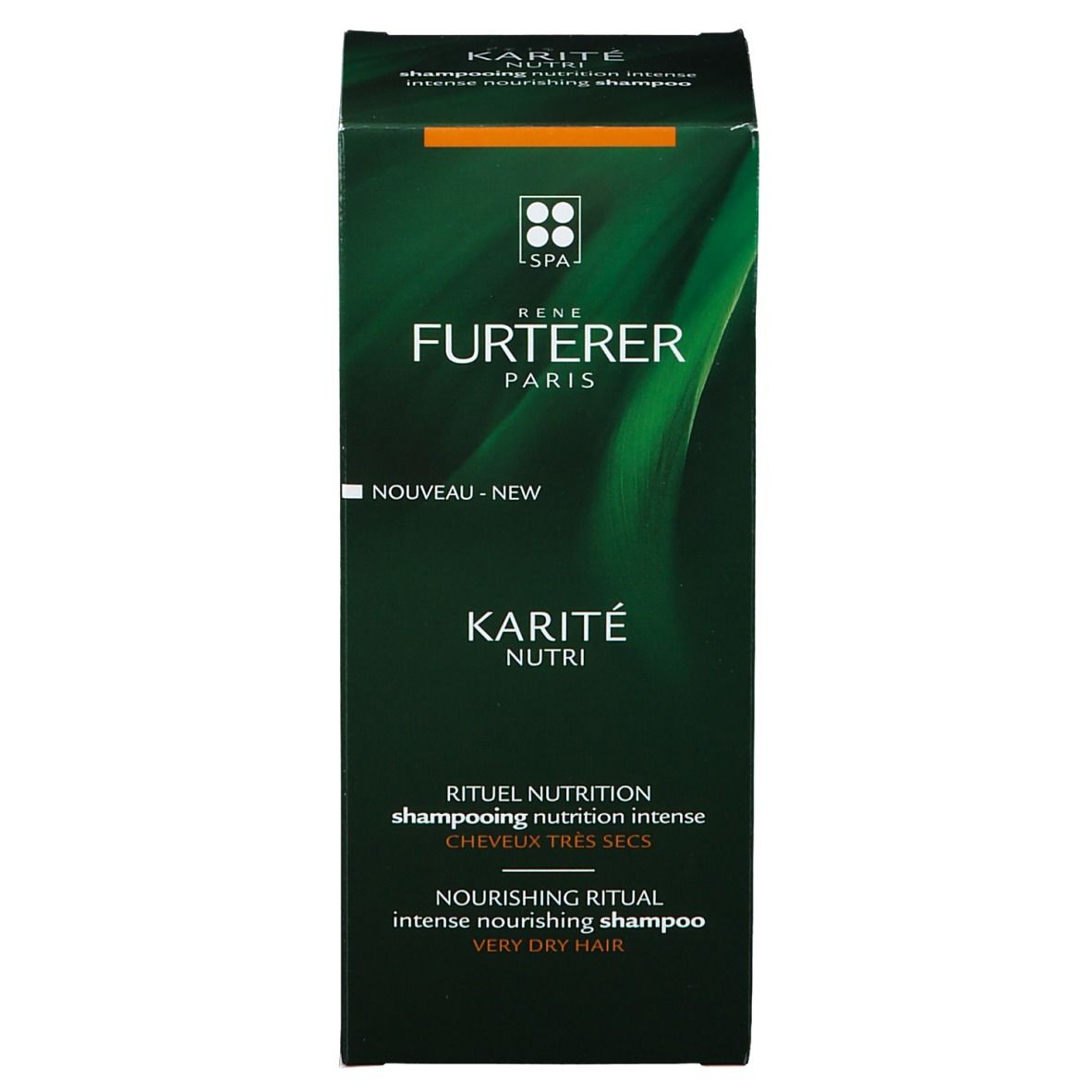 Fronte della scatola. Scritto: René Furterer, Karité Nutri. Shampoo per capelli molto secchi. Nuovo.