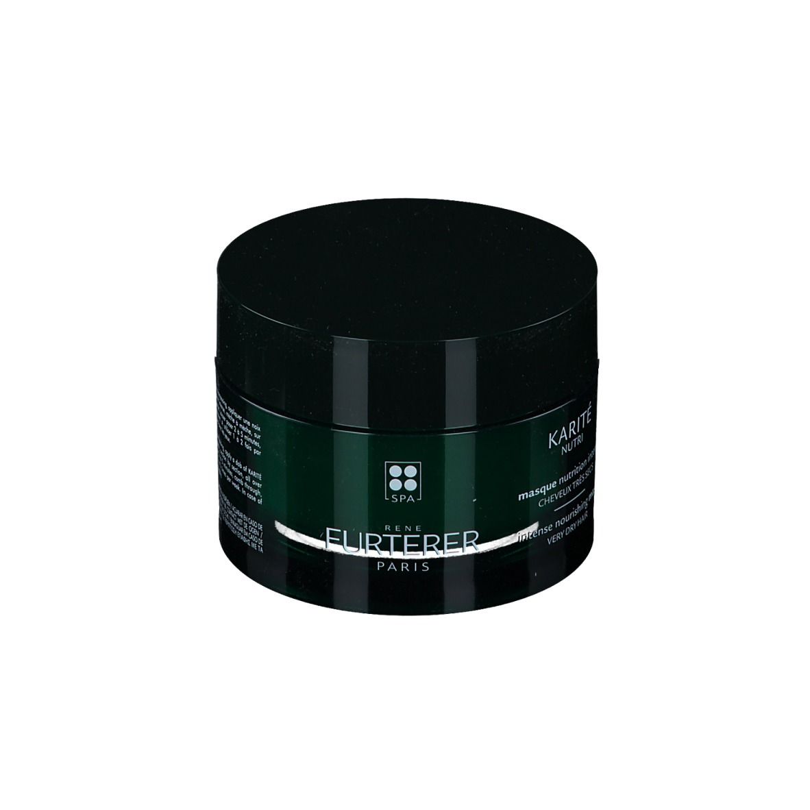 Dose mit schwarzem Deckel. Aufschrift: KARITÉ NUTRI, intense nourishing mask, sehr trockenes Haar. Marke: René Furterer.