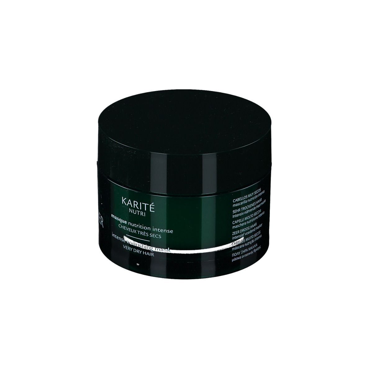 Dose mit schwarzem Deckel. Aufschrift: KARITÉ NUTRI, intense nourishing mask, sehr trockenes Haar. Marke: René Furterer.