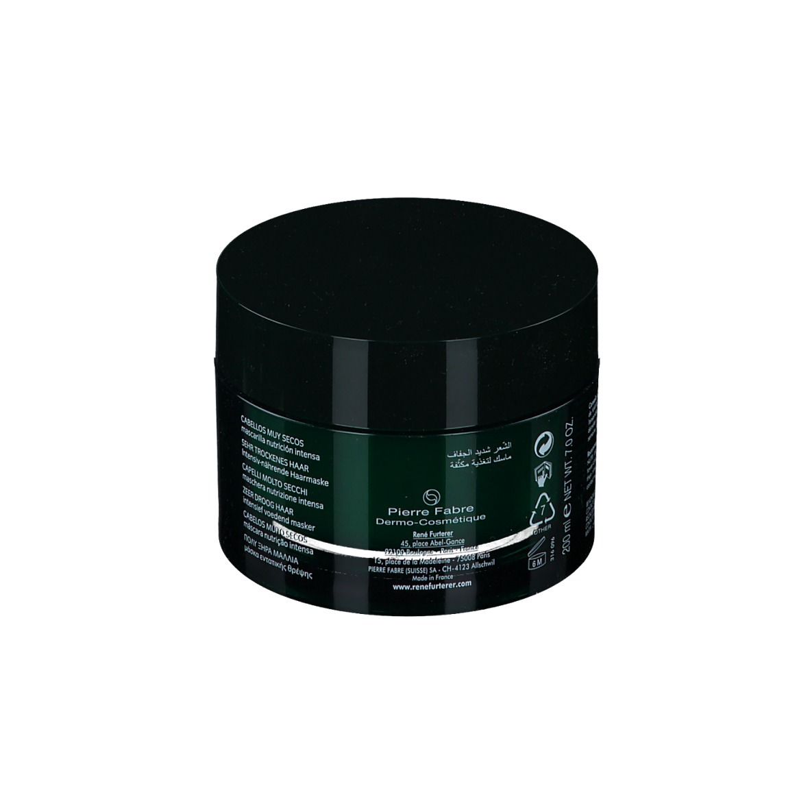 Dose mit schwarzem Deckel. Aufschrift: KARITÉ NUTRI, intense nourishing mask, sehr trockenes Haar. Marke: René Furterer.