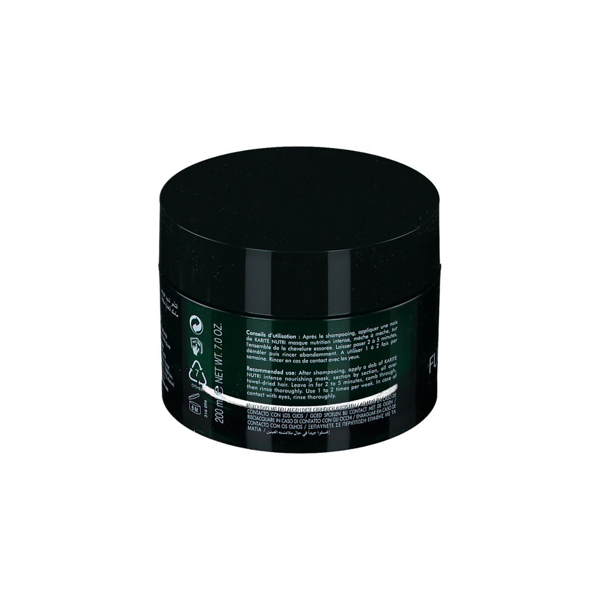 Dose mit schwarzem Deckel. Aufschrift: KARITÉ NUTRI, intense nourishing mask, sehr trockenes Haar. Marke: René Furterer.
