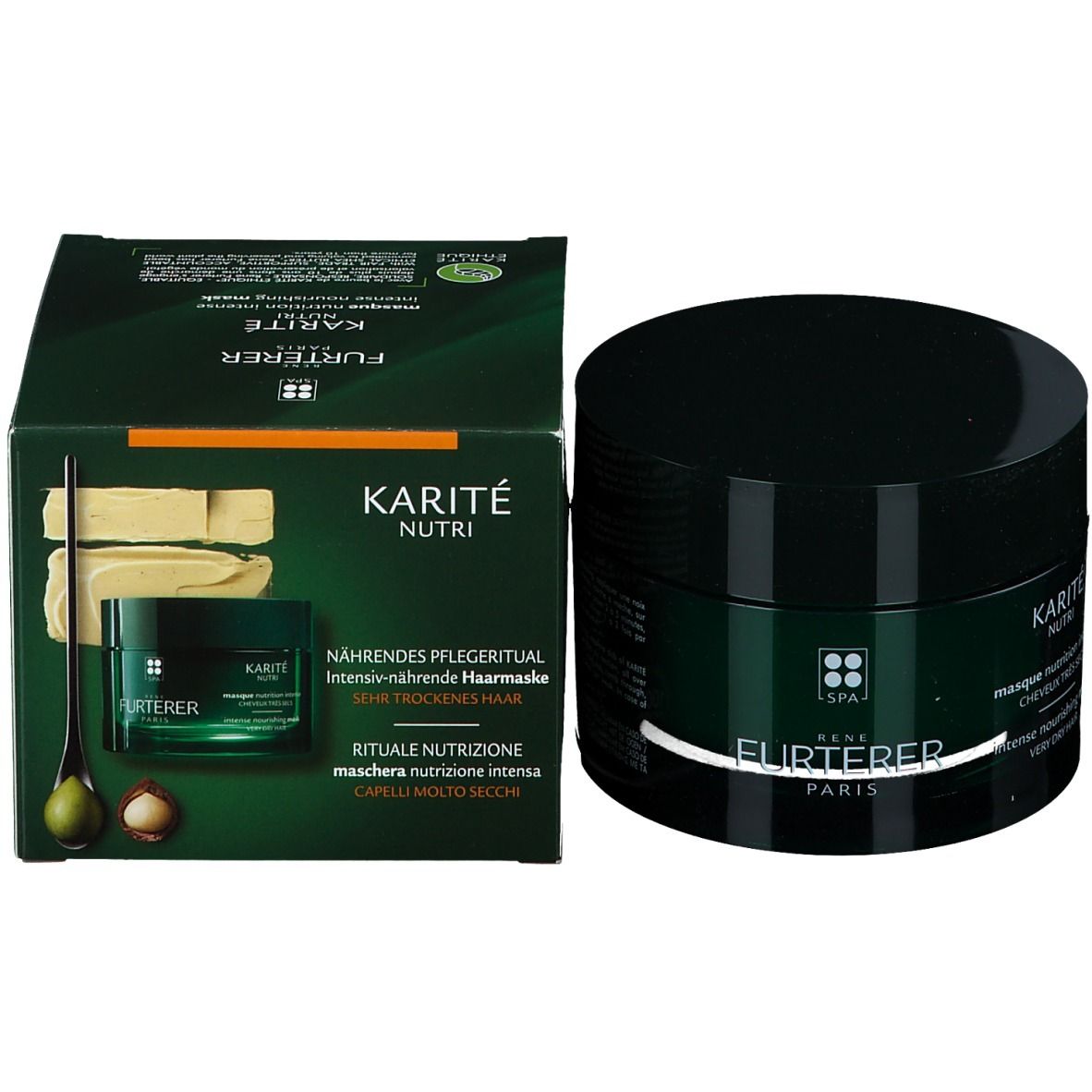 Produktverpackung mit Dose und Karton. Aufschrift: KARITÉ NUTRI, intense nourishing mask, sehr trockenes Haar. Marke: René Furterer.