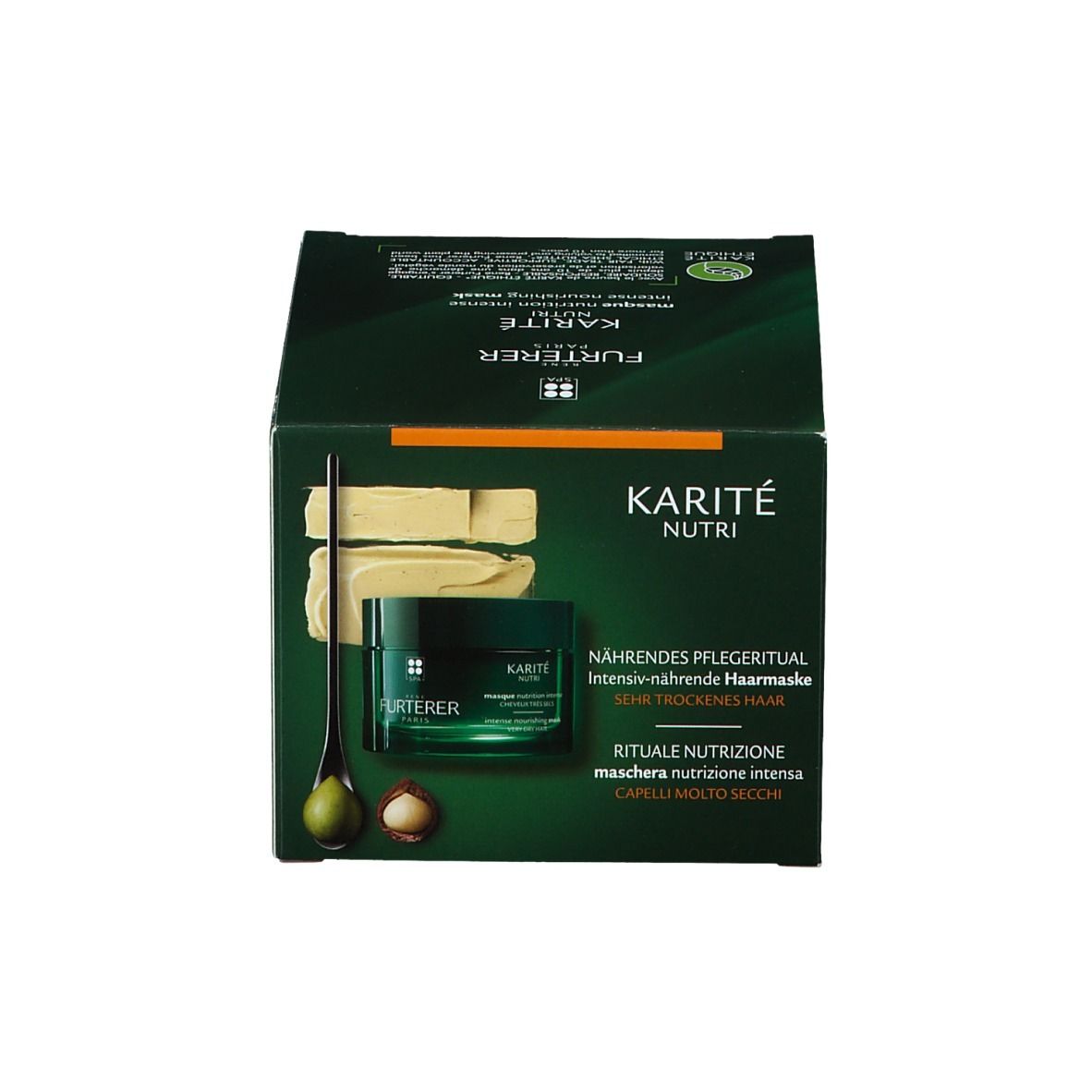 Produktverpackung mit Dose und Karton. Aufschrift: KARITÉ NUTRI, intense nourishing mask, sehr trockenes Haar. Marke: René Furterer.