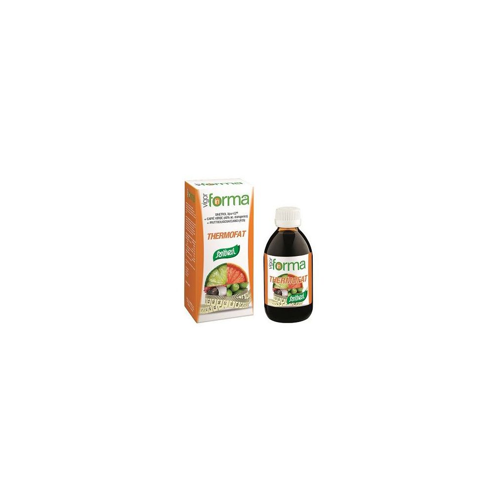 Liquido marrone in bottiglia e confezione. Scritta: Thermofat. Marchio: in forma.