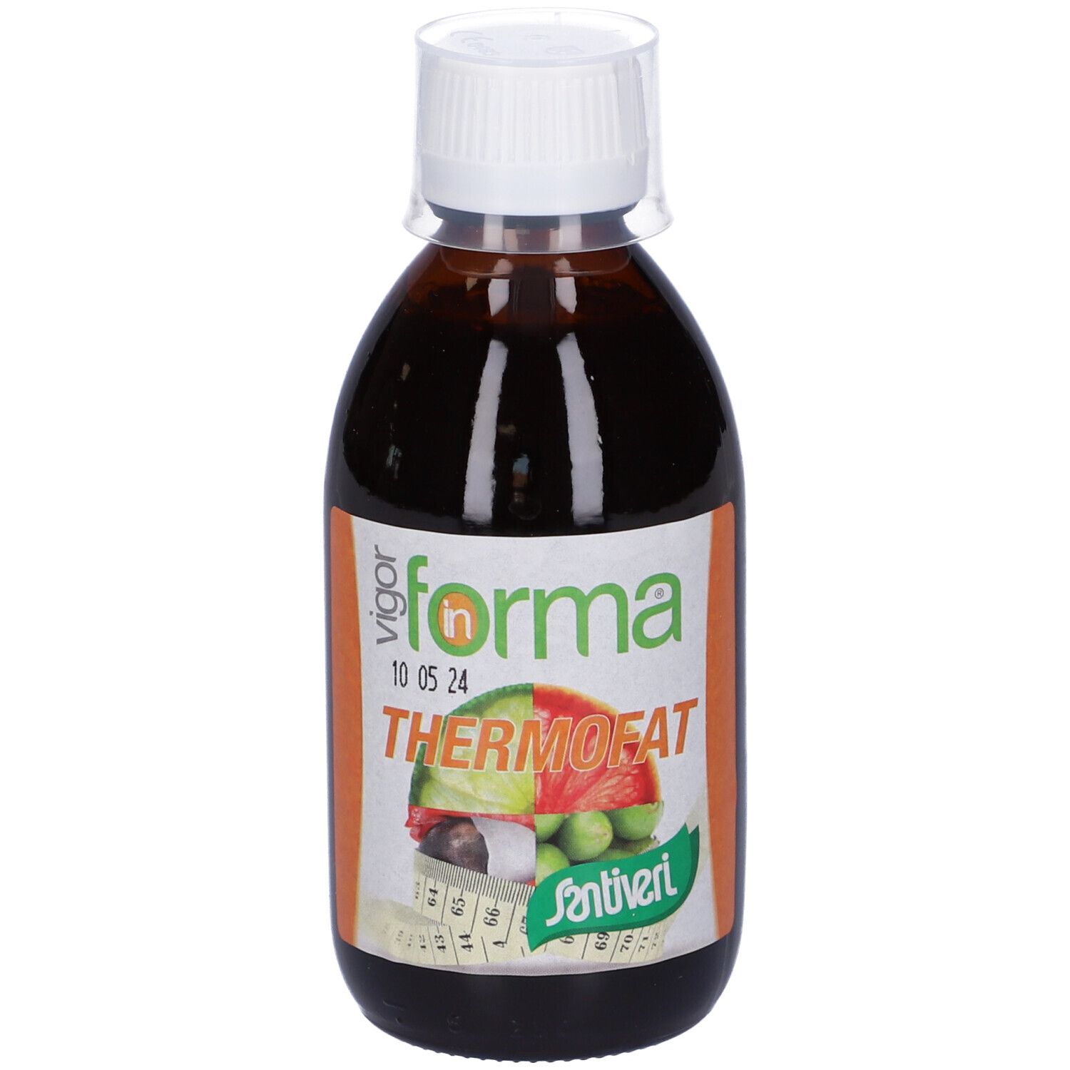 Liquido marrone in bottiglia con tappo bianco. Scritta: Thermofat. Marchio: in forma.