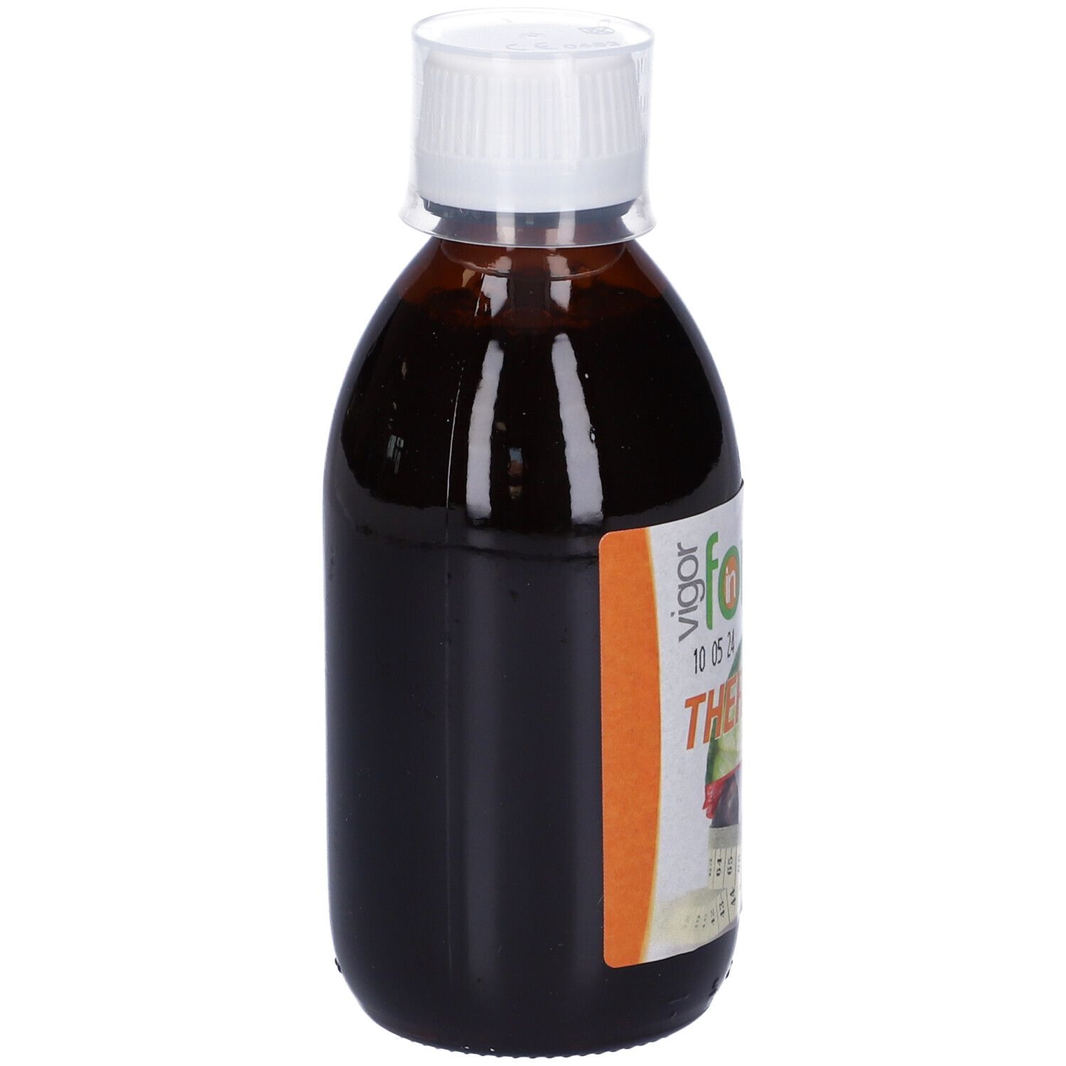 Liquido marrone in bottiglia con tappo bianco. Scritta: Thermofat. Marchio: in forma.