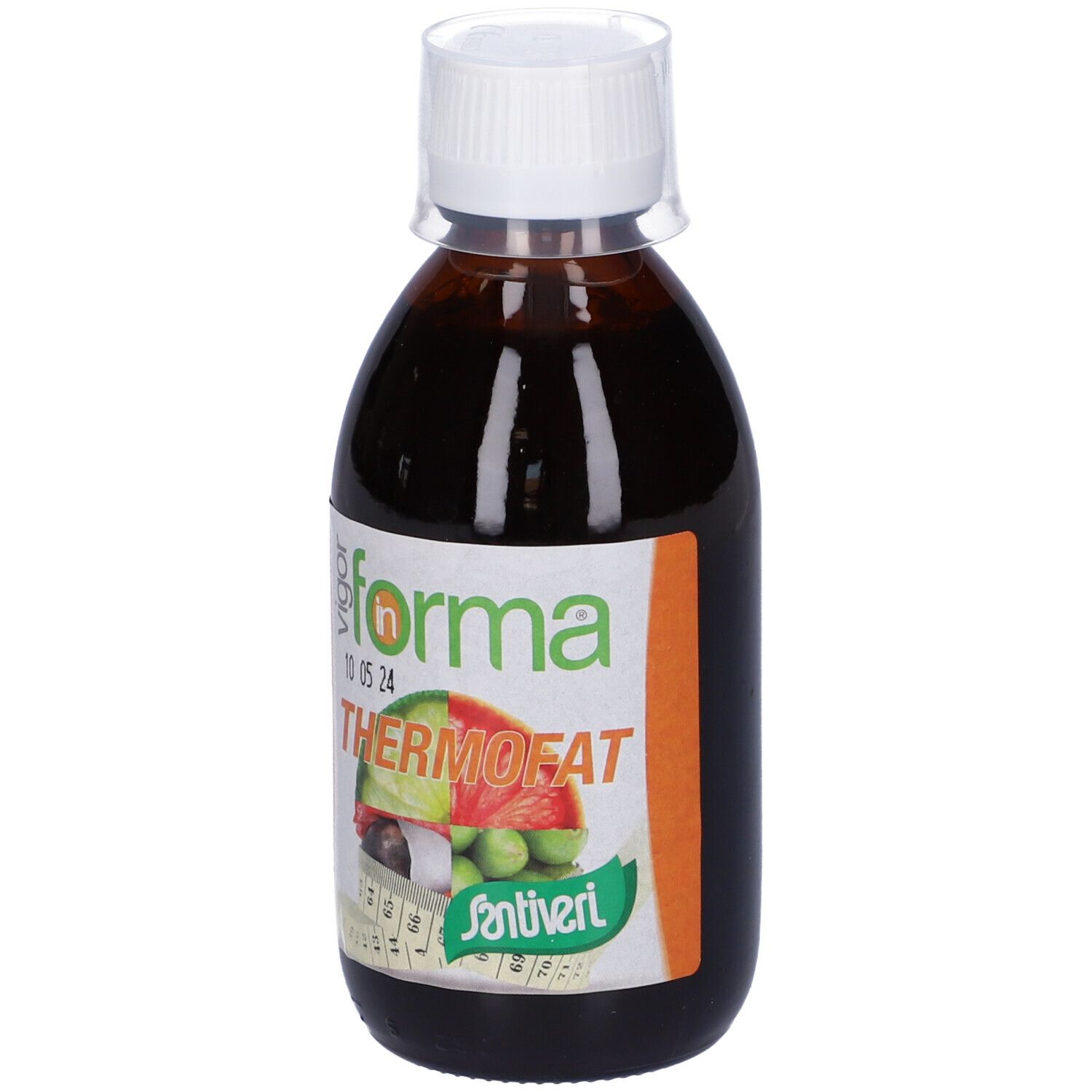Liquido marrone in bottiglia con tappo bianco. Scritta: Thermofat. Marchio: in forma.