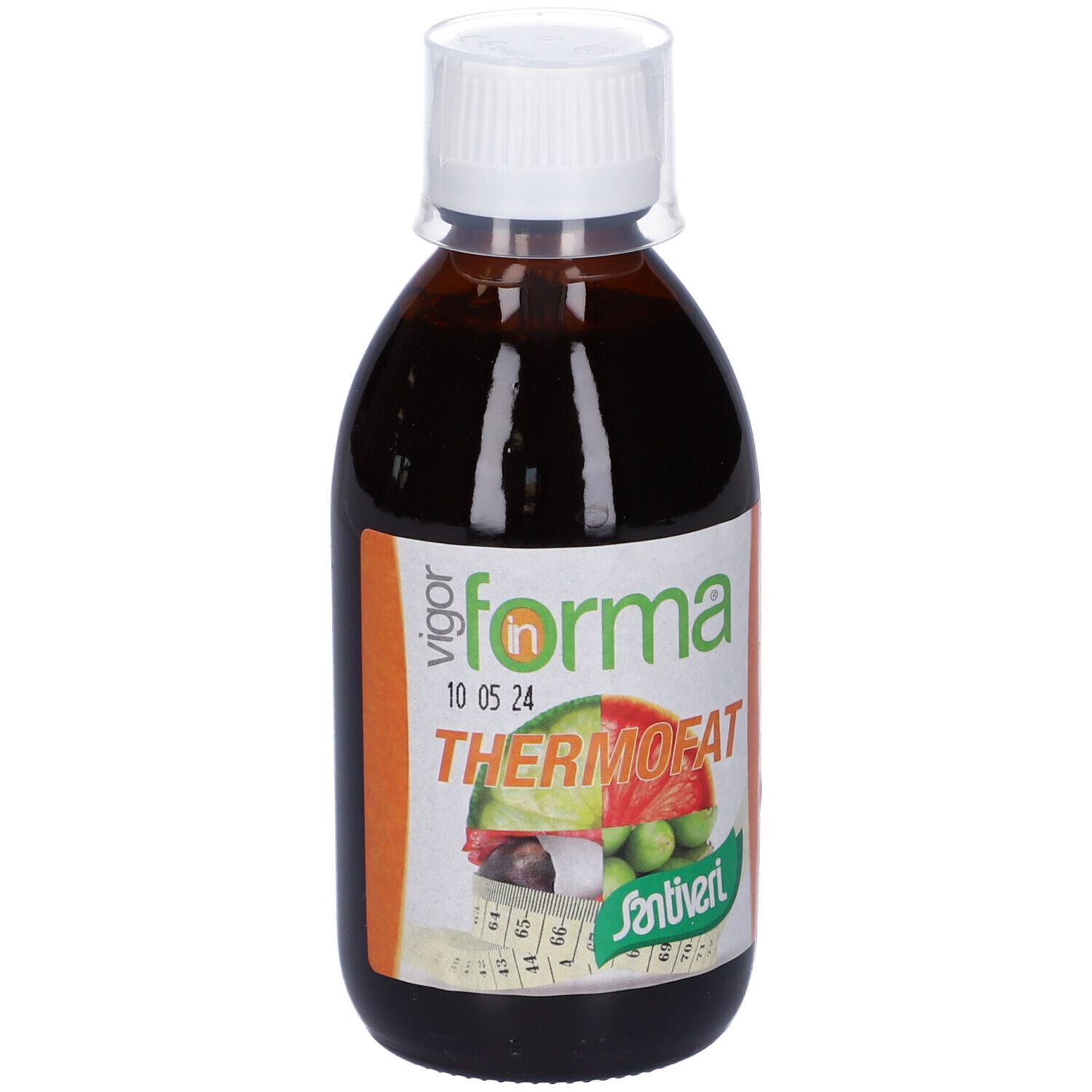 Liquido marrone in bottiglia con tappo bianco. Scritta: Thermofat. Marchio: in forma.