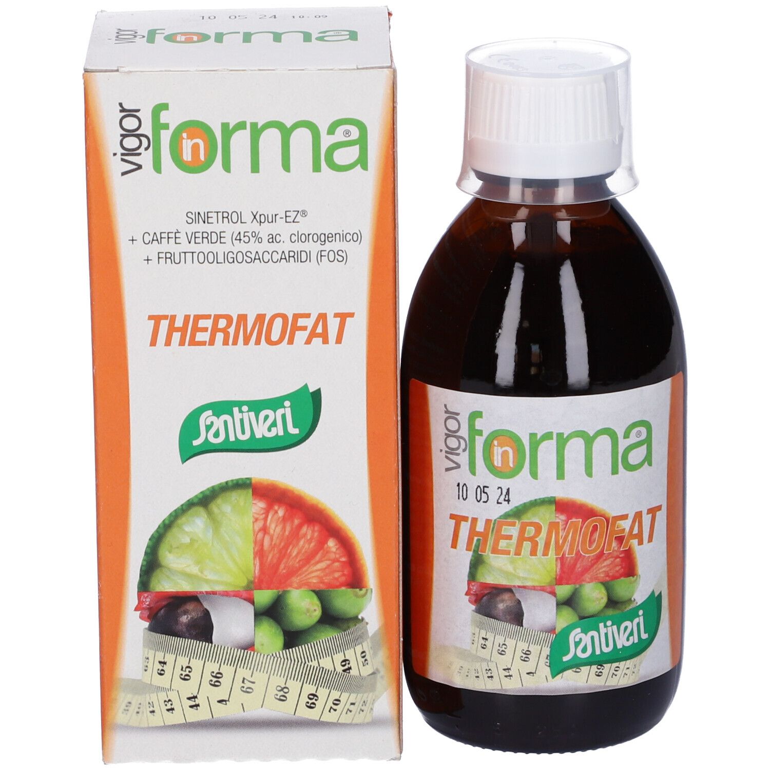 Bottiglia e confezione. Scritta: Thermofat. Marchio: in forma. Contiene Sinetrol Xpur-EZ, Caffè Verde.