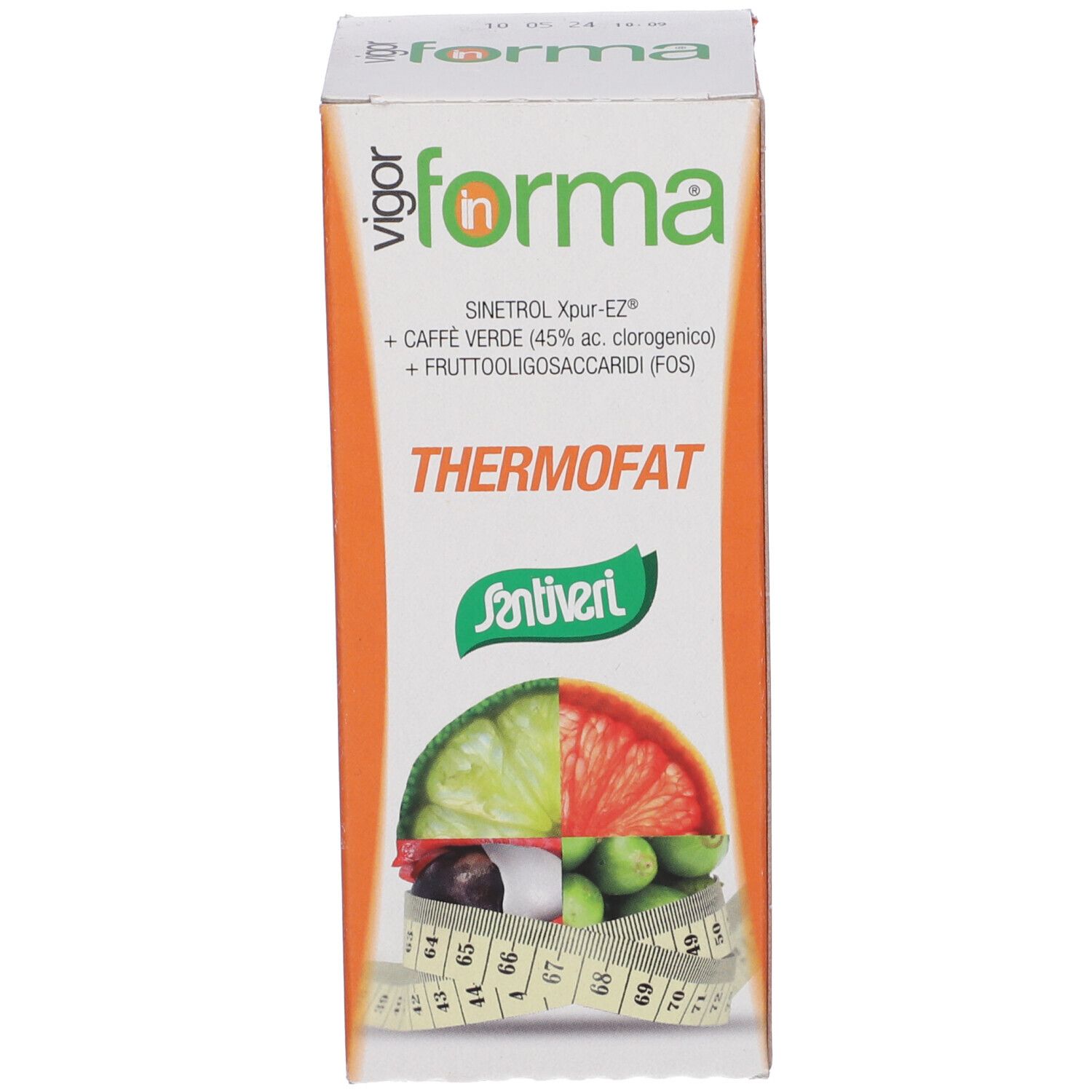 Confezione. Scritta: Thermofat. Marchio: in forma. Contiene Sinetrol Xpur-EZ, Caffè Verde.