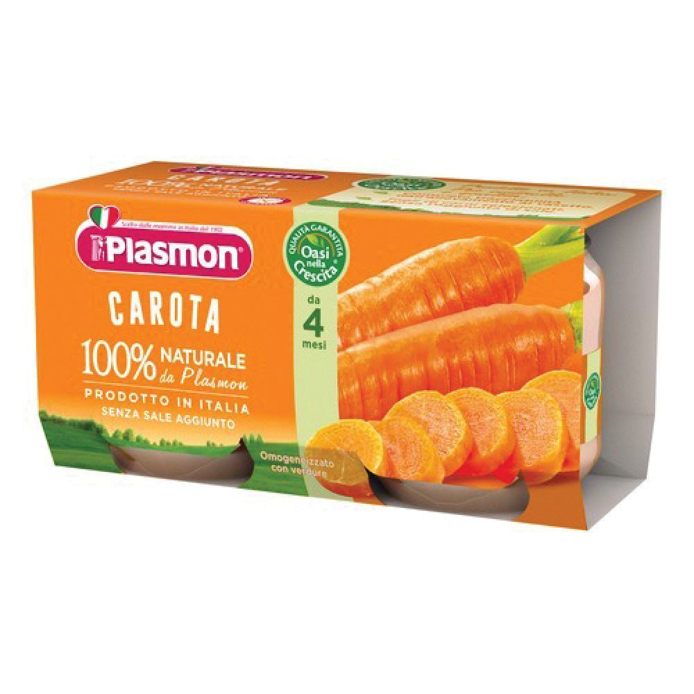 Confezione con due vasetti di omogeneizzato di carote. Marchio Plasmon, scritta "Carota", "100% Naturale".