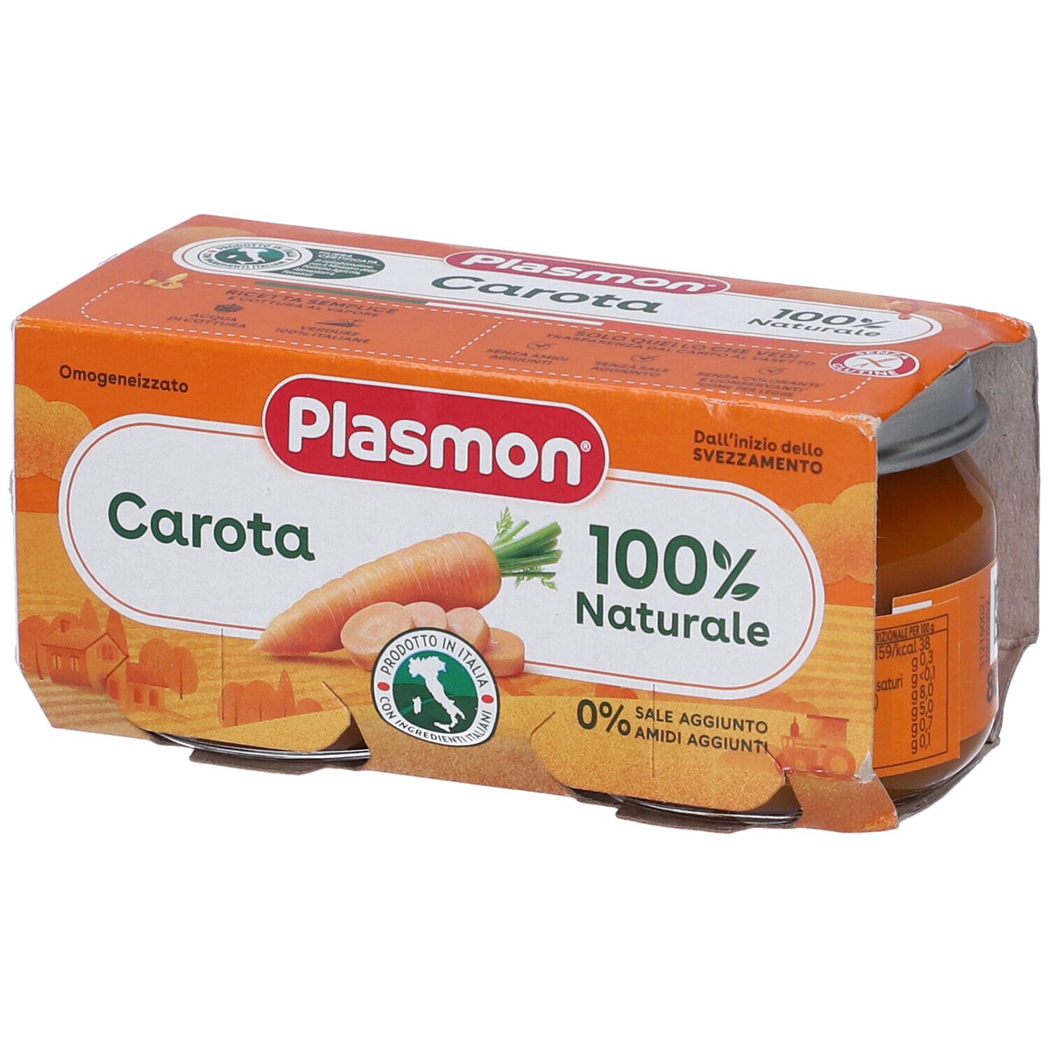 Confezione con due vasetti di omogeneizzato di carote. Marchio Plasmon, scritta "Carota", "100% Naturale".