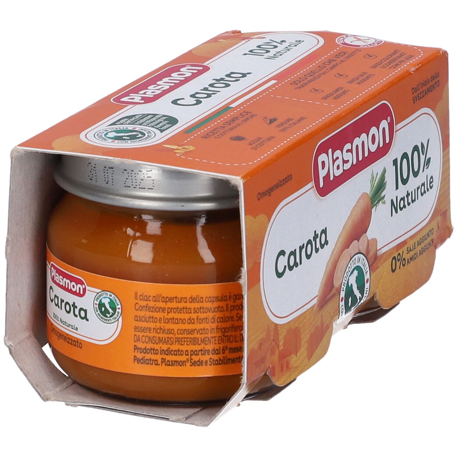 Confezione con un vasetto di omogeneizzato di carote. Marchio Plasmon, scritta "Carota", "100% Naturale".