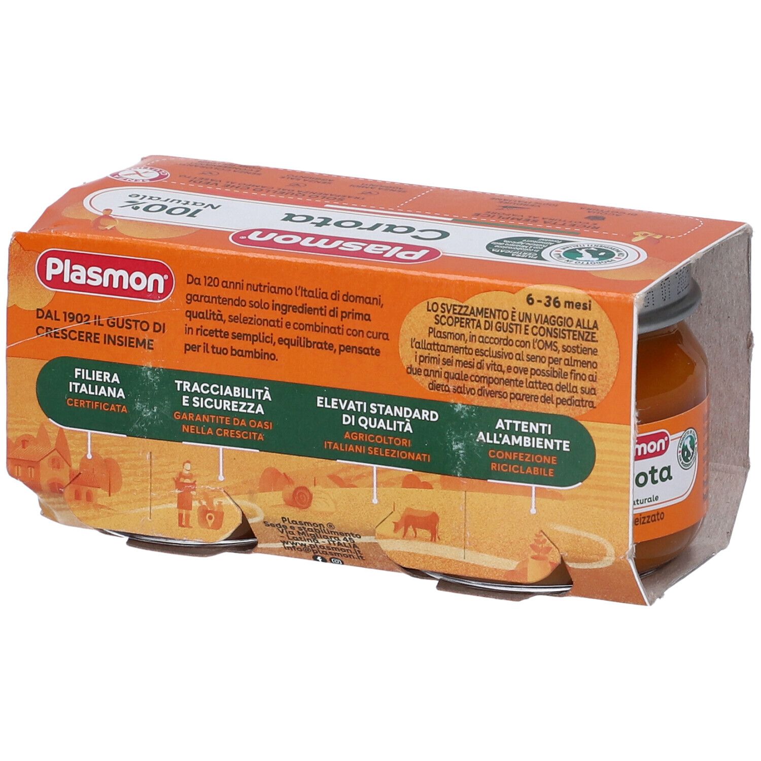 Confezione con un vasetto di omogeneizzato di carote. Marchio Plasmon, scritta "Carota", "100% Naturale".