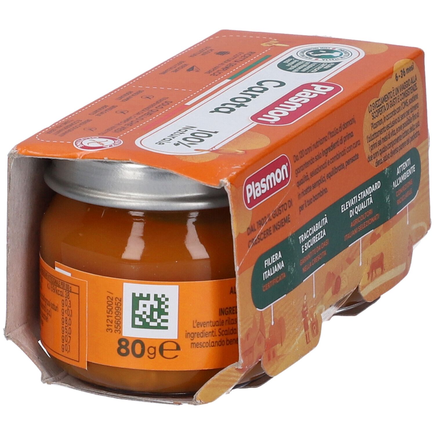 Confezione con un vasetto di omogeneizzato di carote. Marchio Plasmon, scritta "Carota", "100% Naturale", 80g.